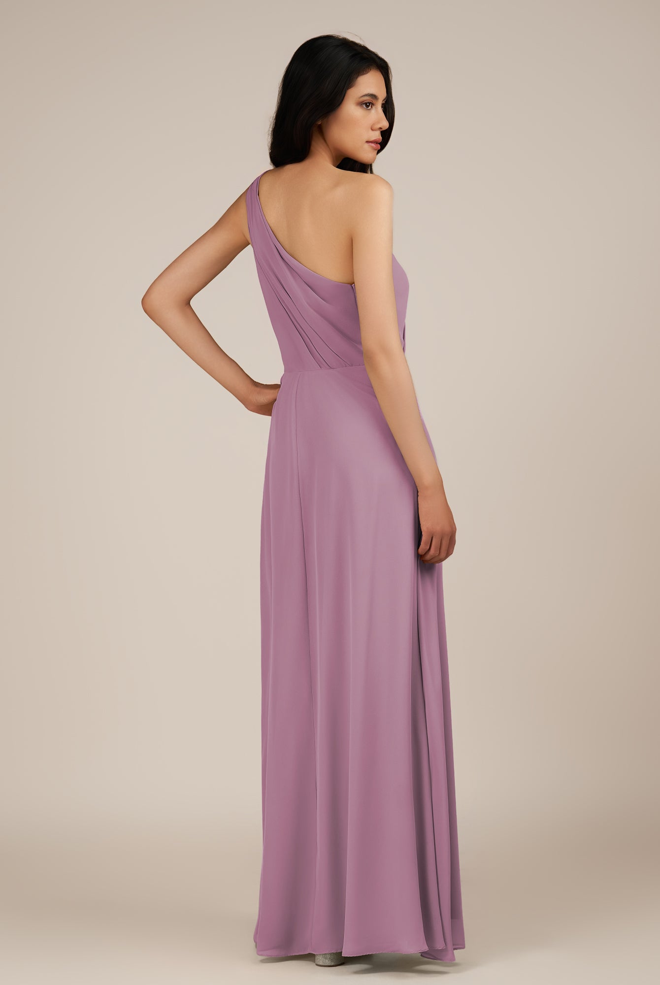 KissDress-Gaura Wisteria A Line Chiffon One Shoulder Pleated Long Bridesmaid Dress with Slit
