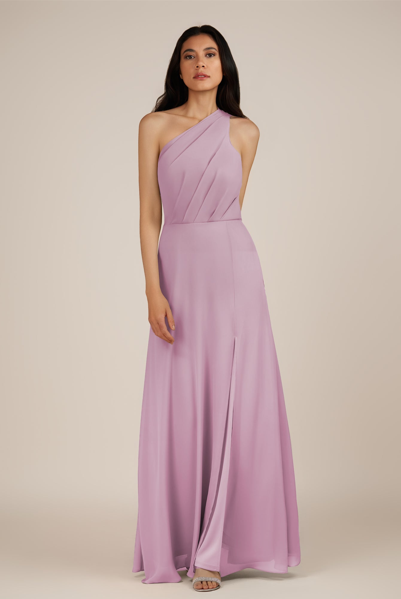 KissDress-Gaura Wisteria A Line Chiffon One Shoulder Pleated Long Bridesmaid Dress with Slit