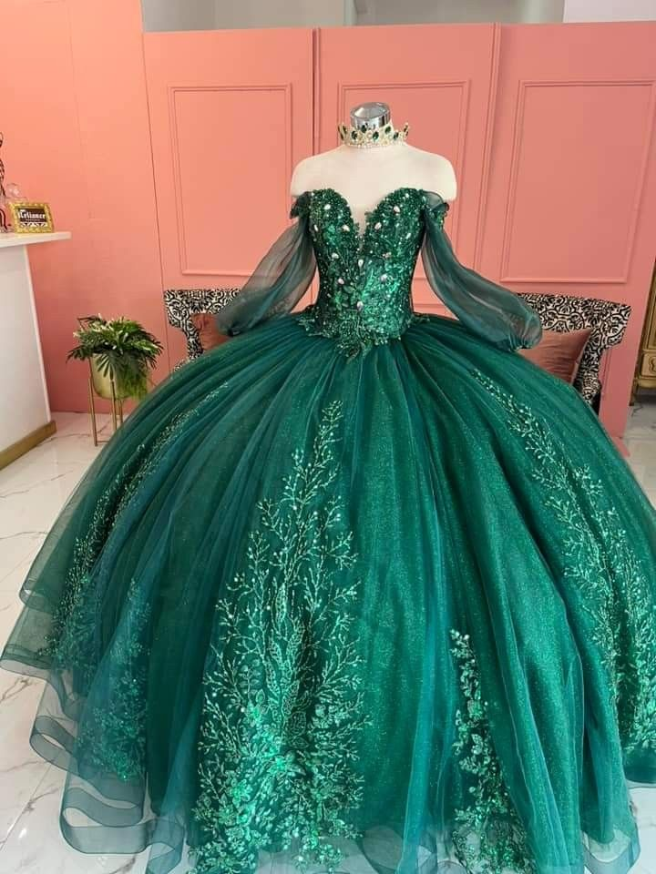 KissDress Dark Green Ball Gown Organza Half Sleeves Quinceanera Dress Dark Green 20