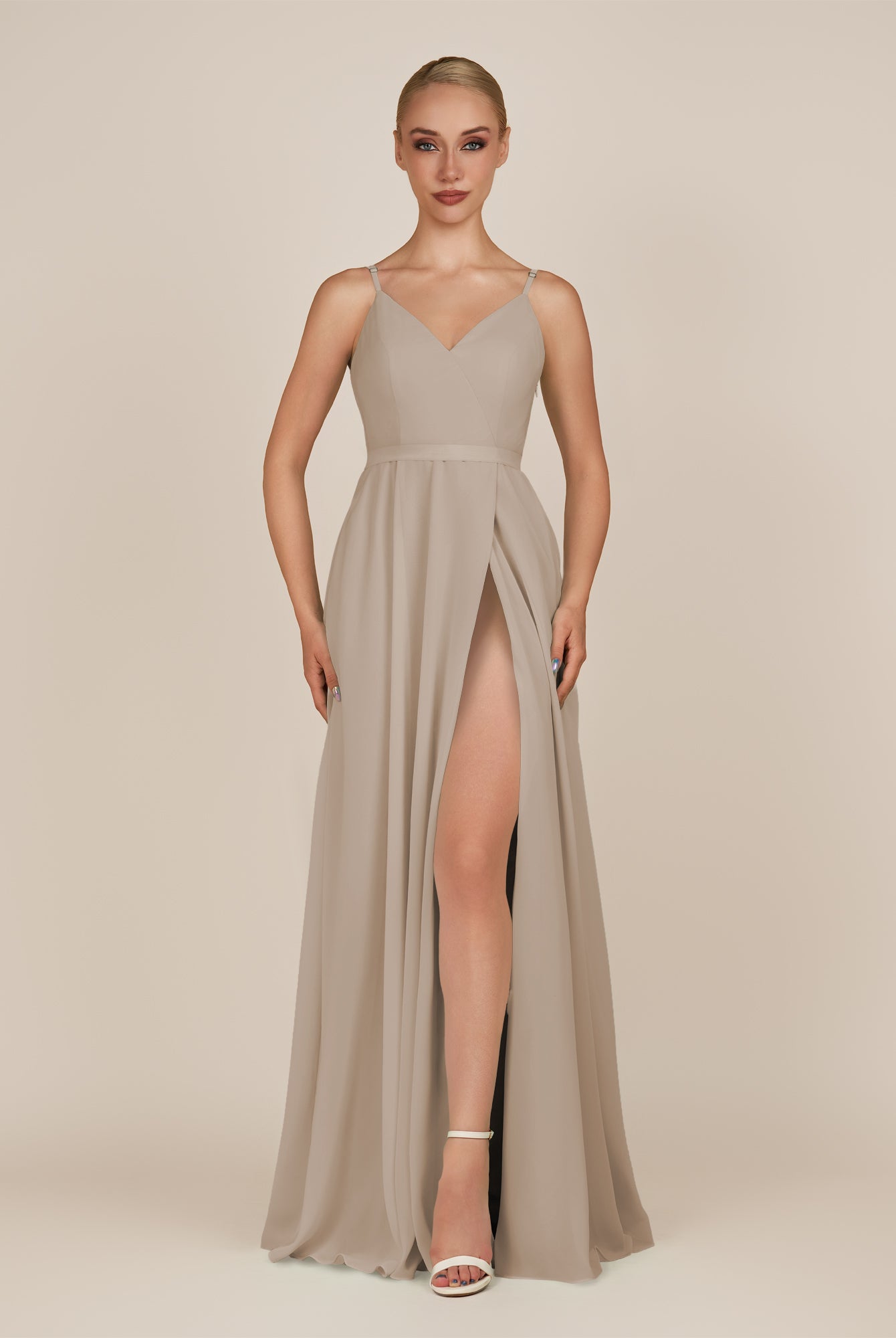 KissDress-Glenys Almond A Line V Neck Long Bridesmaid Dress with Slit
