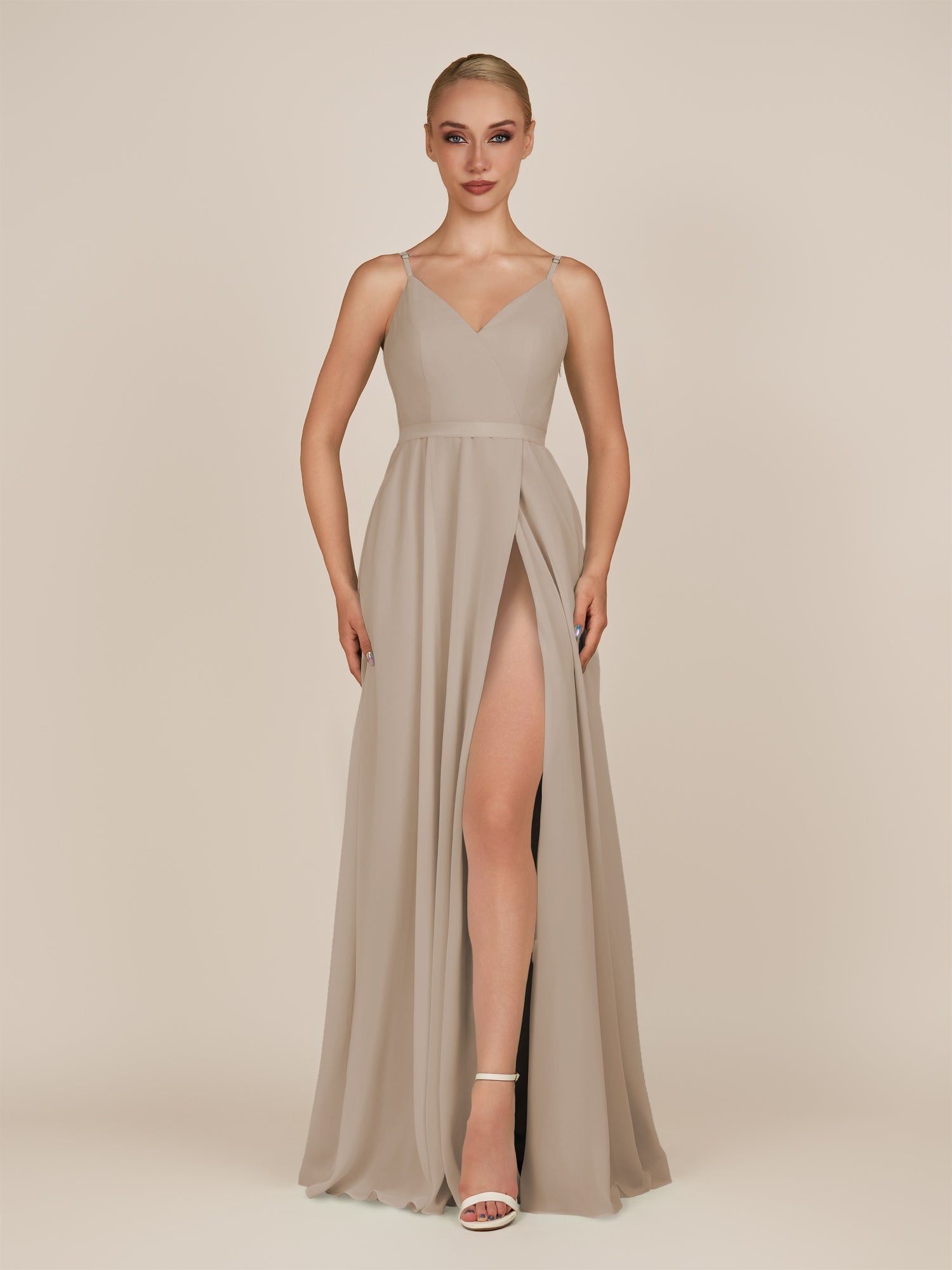 KissDress-Glenys Almond A Line V Neck Long Bridesmaid Dress with Slit