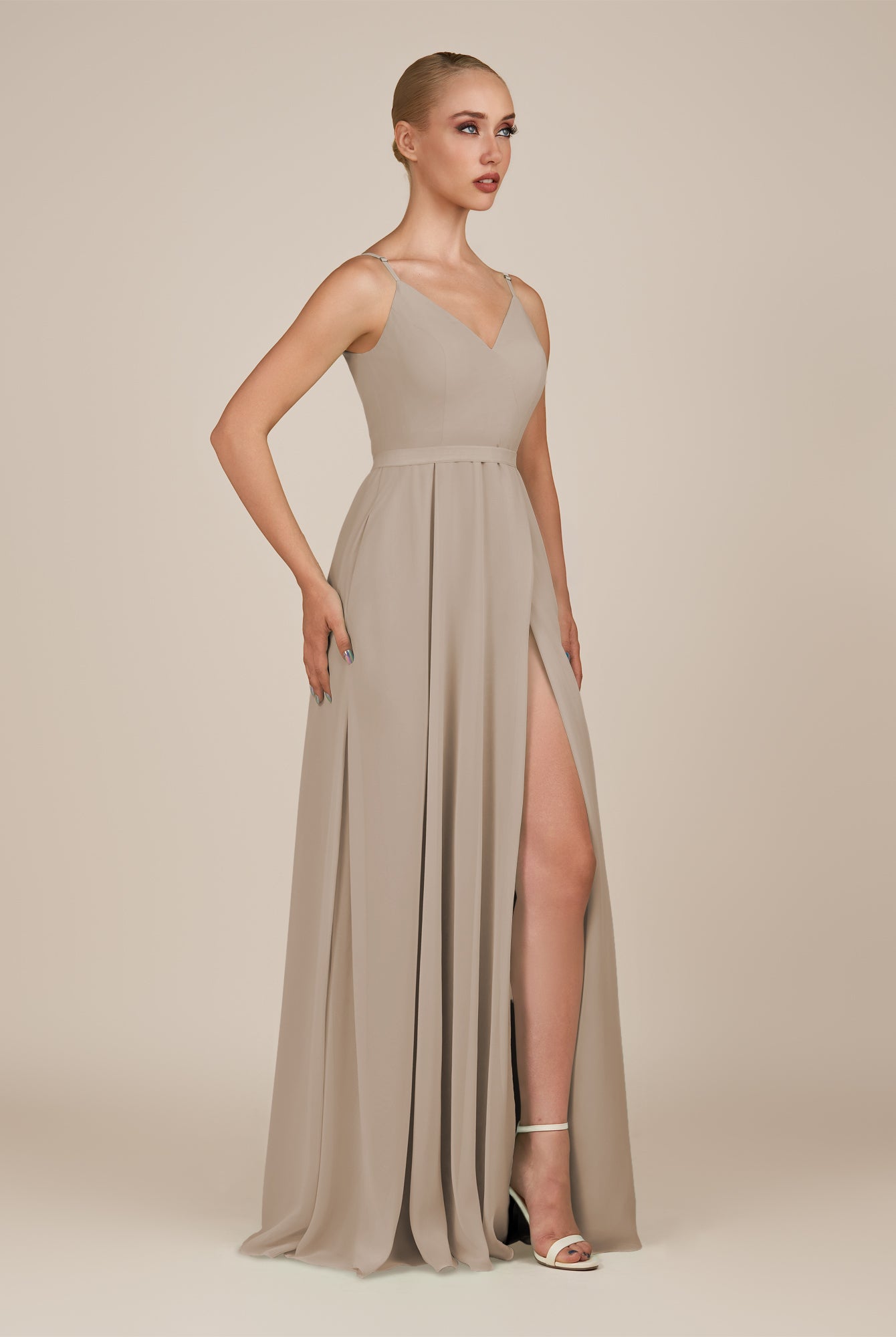 KissDress-Glenys Almond A Line V Neck Long Bridesmaid Dress with Slit