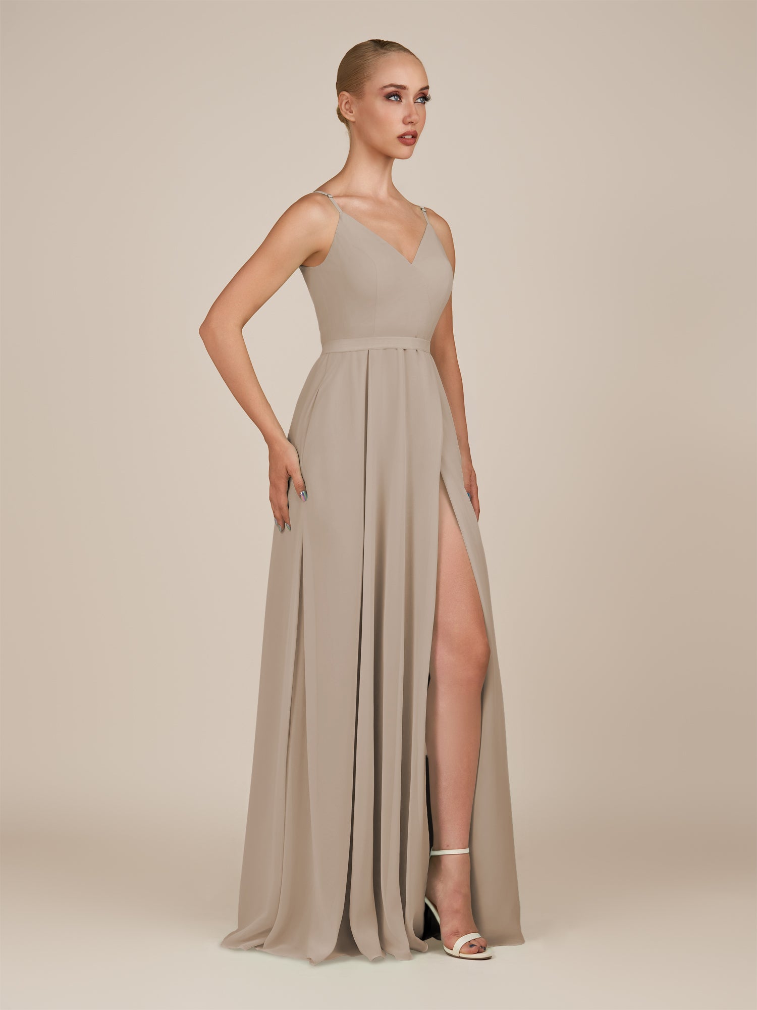 KissDress-Glenys Almond A Line V Neck Long Bridesmaid Dress with Slit