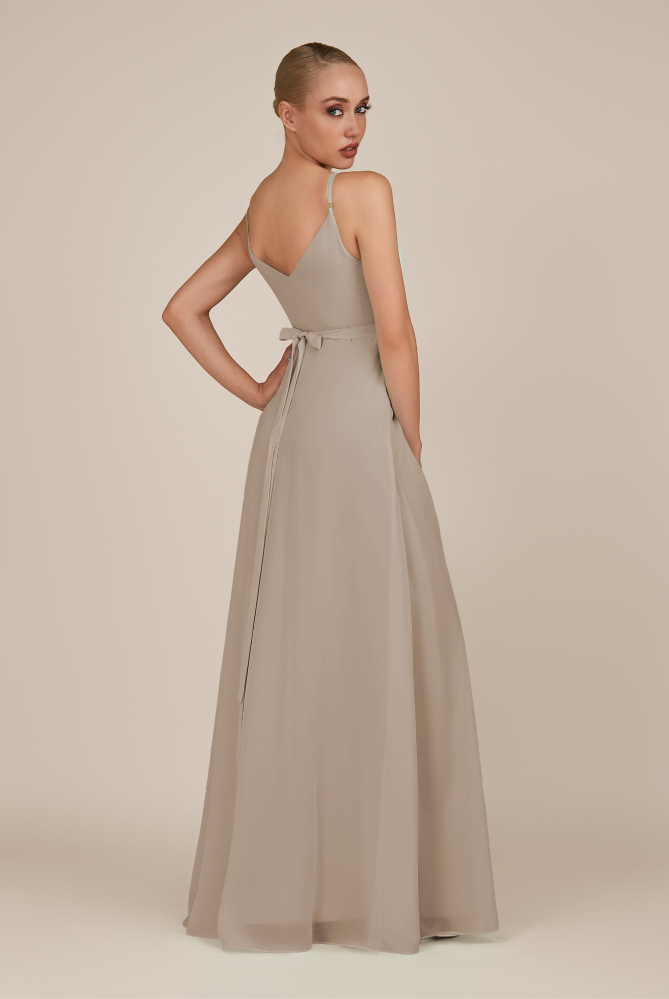 KissDress-Glenys Almond A Line V Neck Long Bridesmaid Dress with Slit