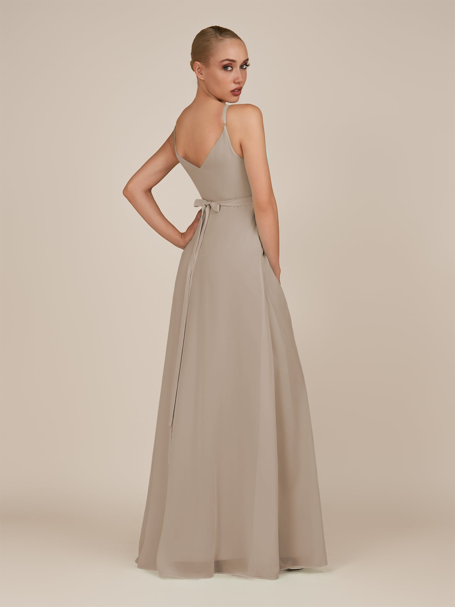 KissDress-Glenys Almond A Line V Neck Long Bridesmaid Dress with Slit