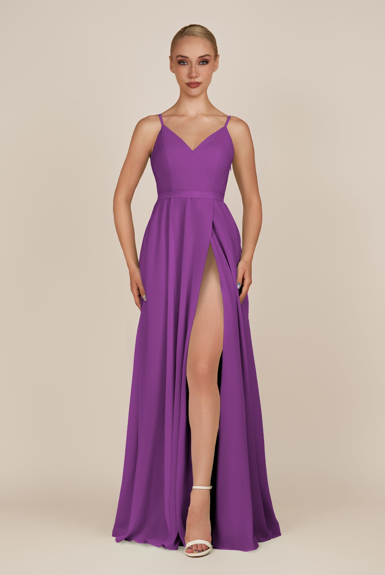 KissDress-Glenys Amethyst A Line V Neck Long Bridesmaid Dress with Slit