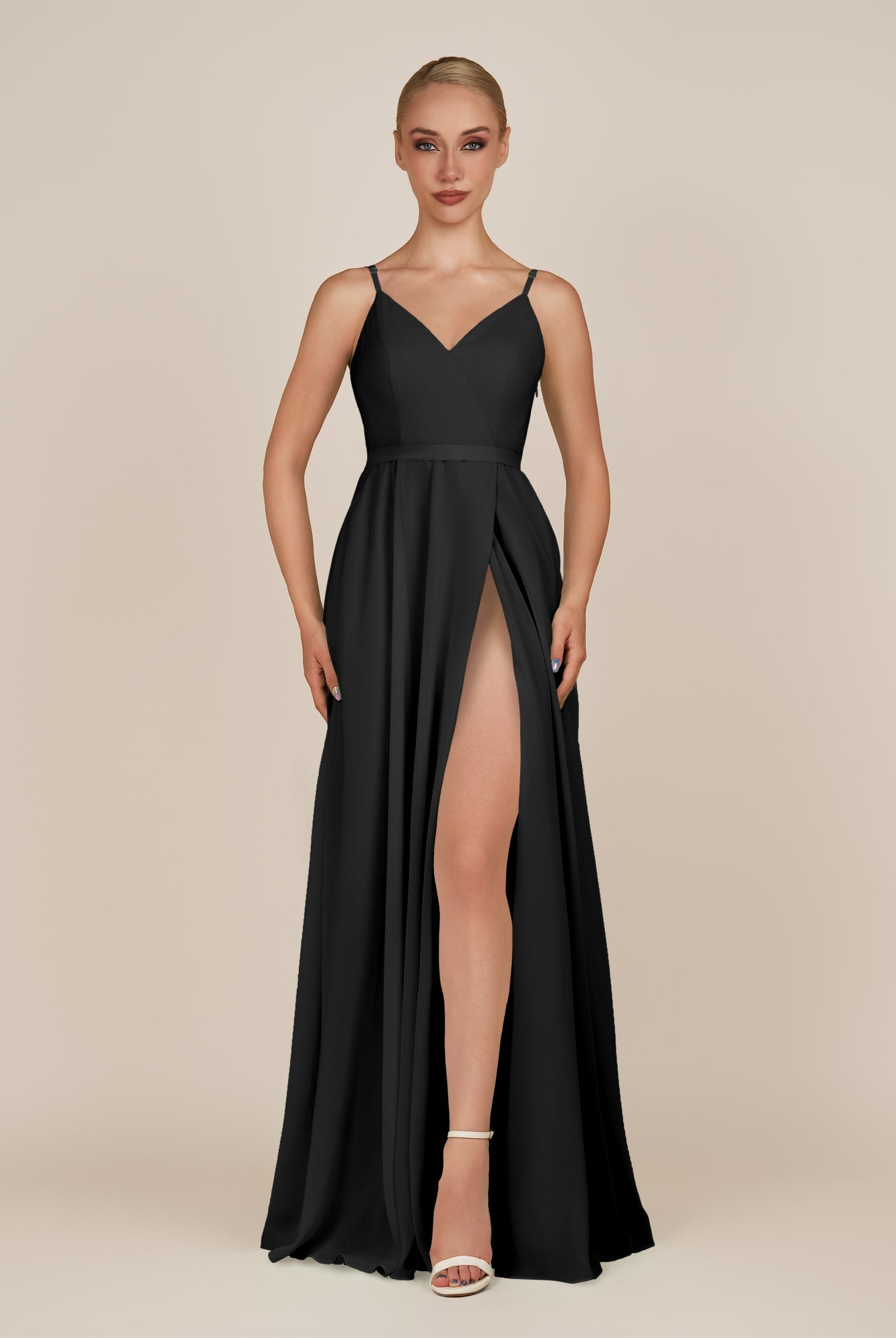 KissDress-Glenys Black A Line V Neck Long Bridesmaid Dress with Slit