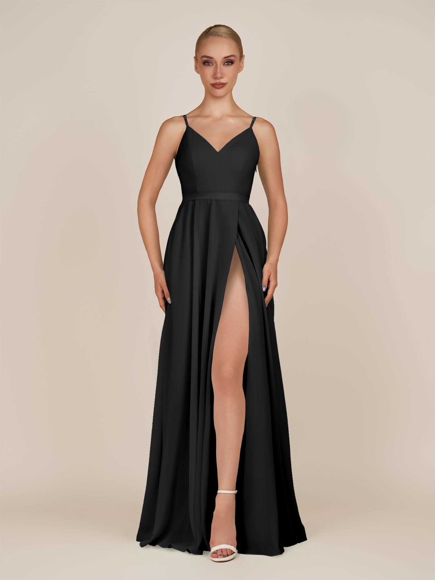 KissDress-Glenys Black A Line V Neck Long Bridesmaid Dress with Slit
