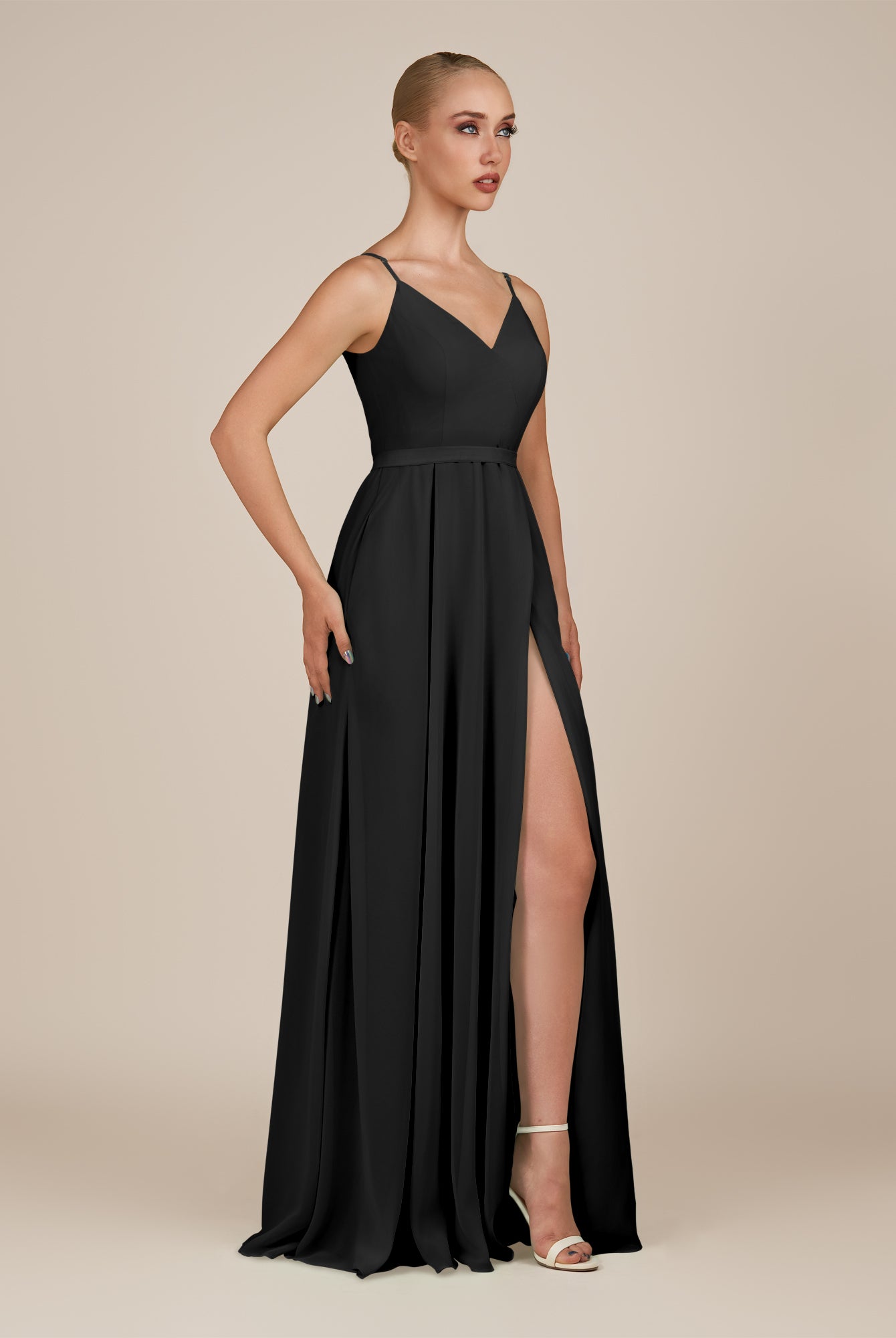 KissDress-Glenys Black A Line V Neck Long Bridesmaid Dress with Slit