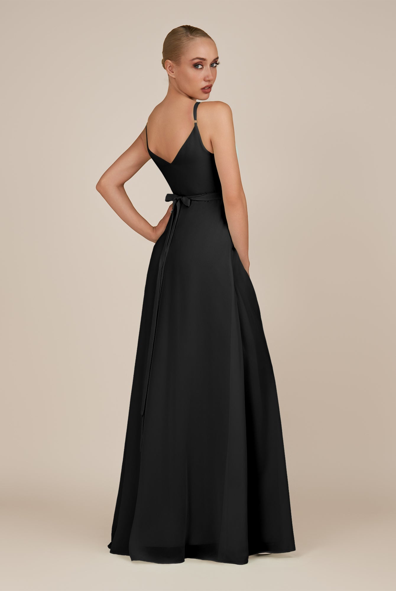 KissDress-Glenys Black A Line V Neck Long Bridesmaid Dress with Slit