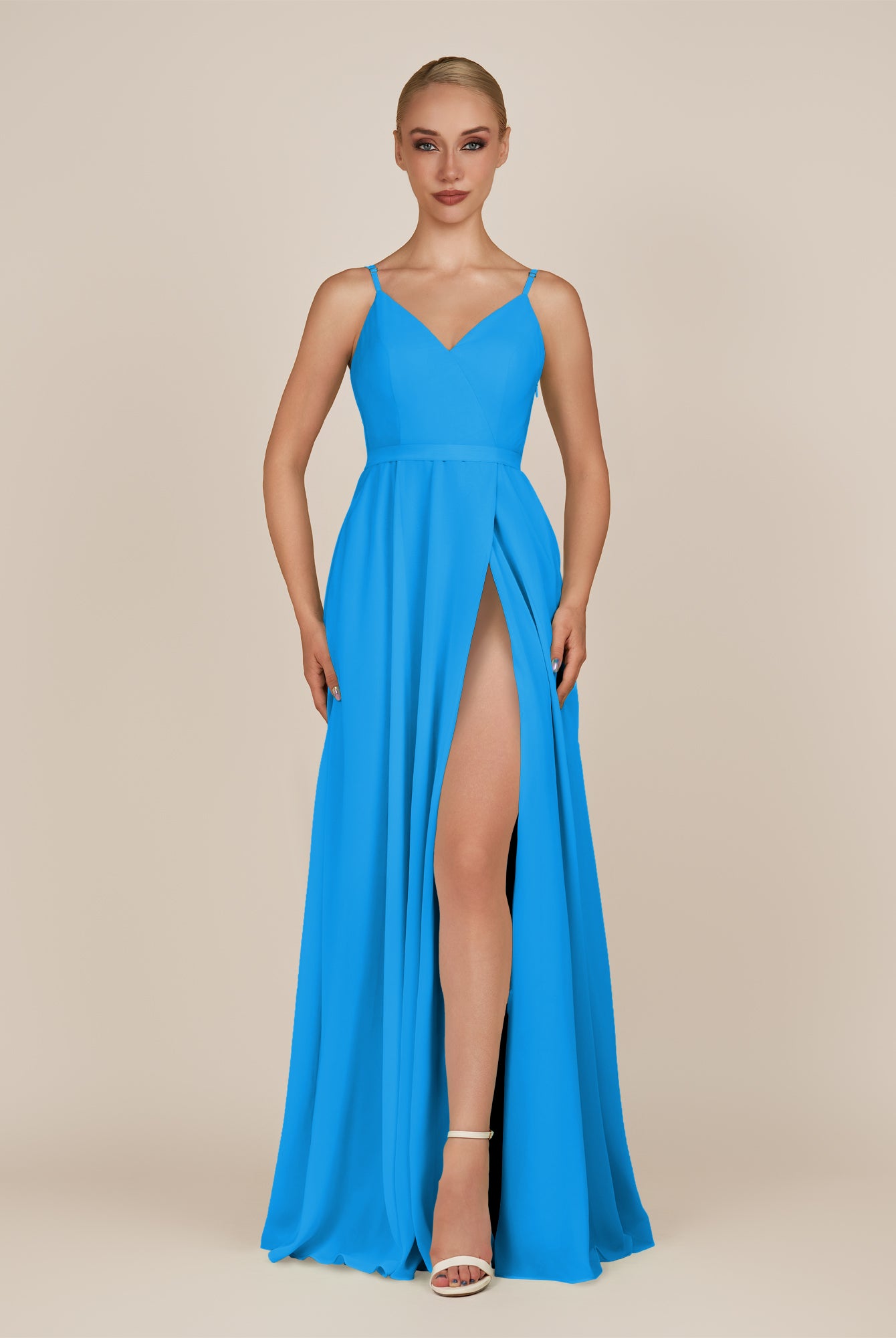 KissDress-Glenys Blue Jay A Line V Neck Long Bridesmaid Dress with Slit