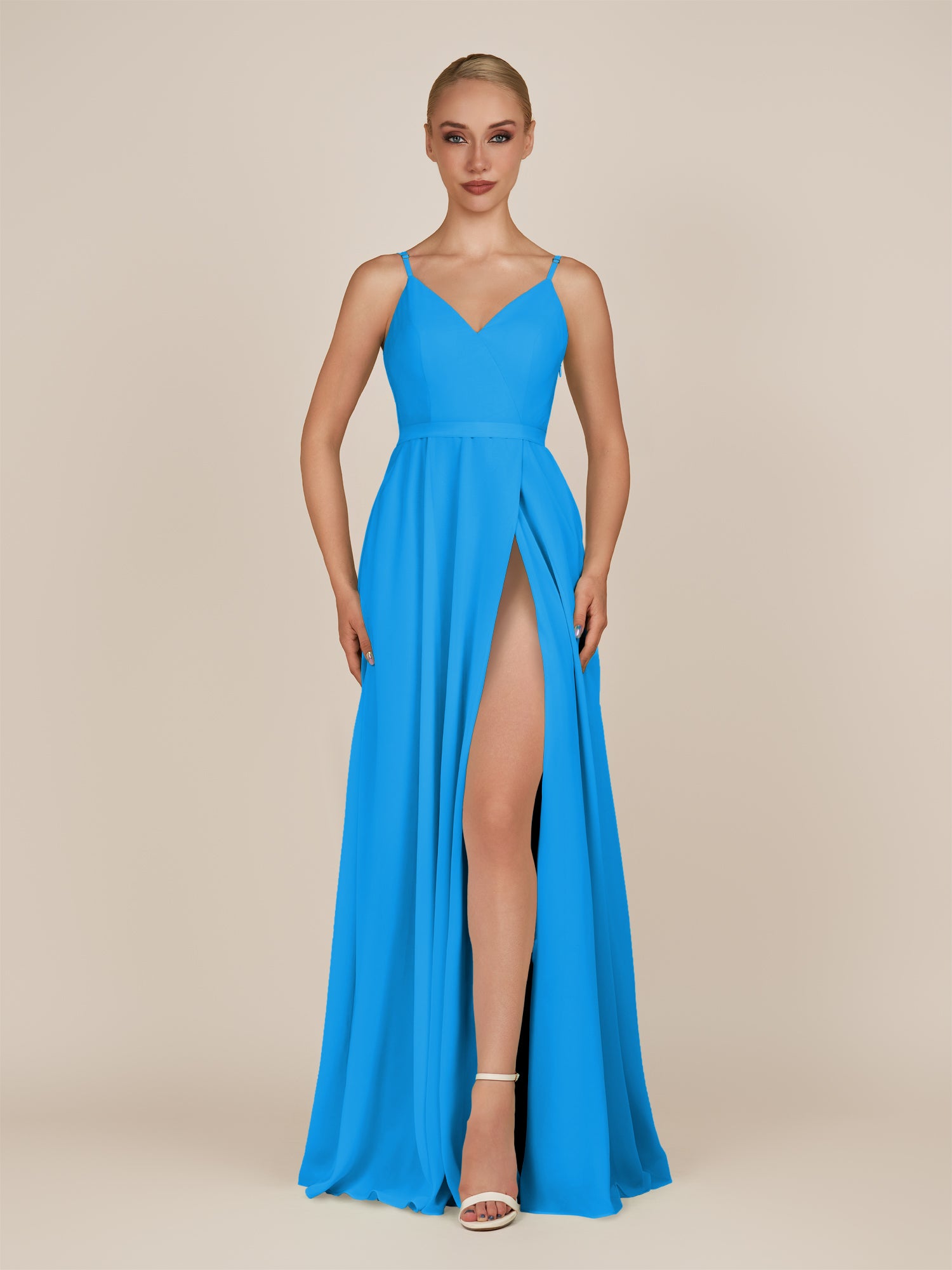 KissDress-Glenys Blue Jay A Line V Neck Long Bridesmaid Dress with Slit