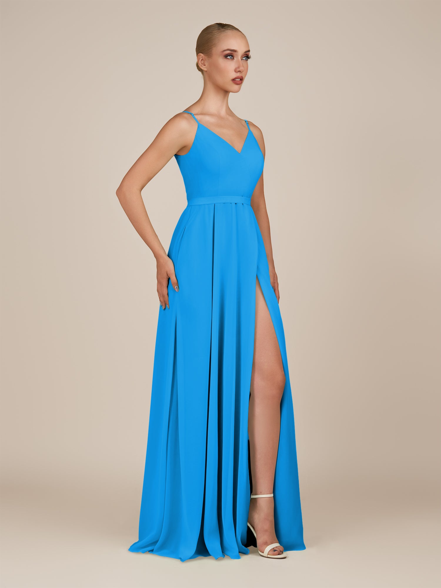 KissDress-Glenys Blue Jay A Line V Neck Long Bridesmaid Dress with Slit