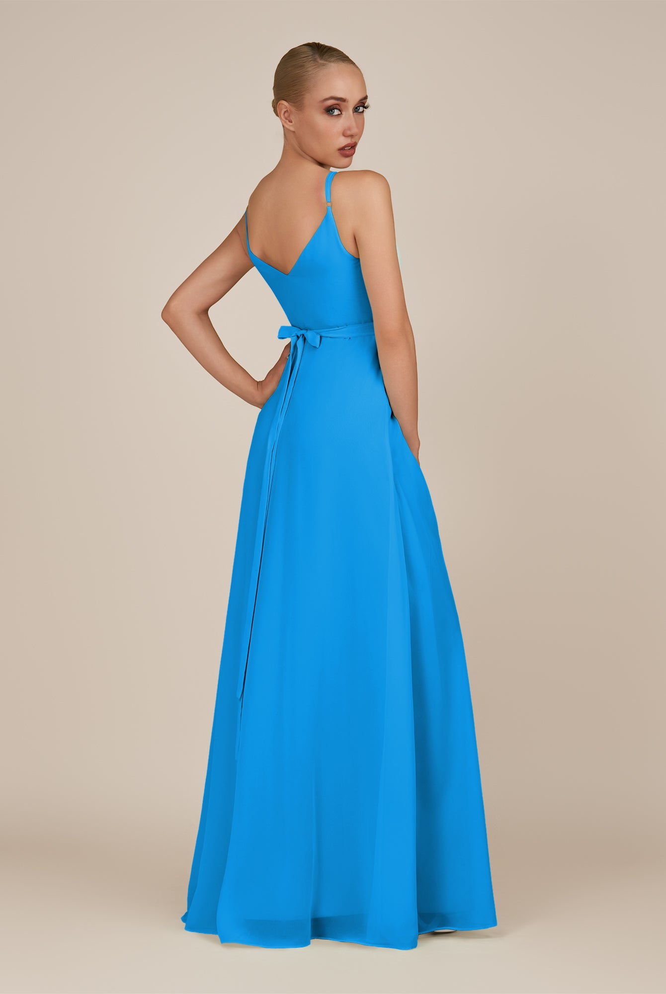 KissDress-Glenys Blue Jay A Line V Neck Long Bridesmaid Dress with Slit