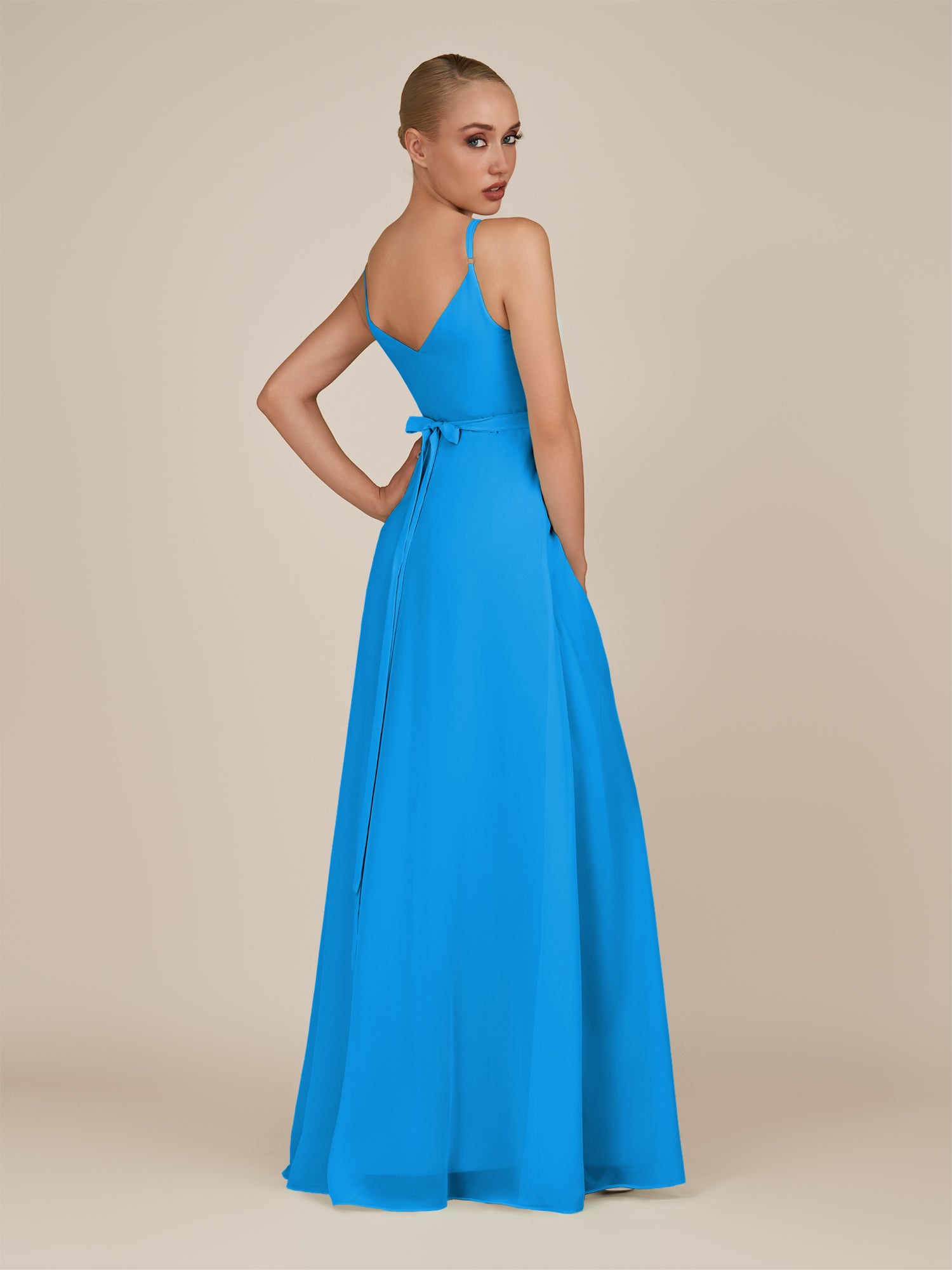 KissDress-Glenys Blue Jay A Line V Neck Long Bridesmaid Dress with Slit