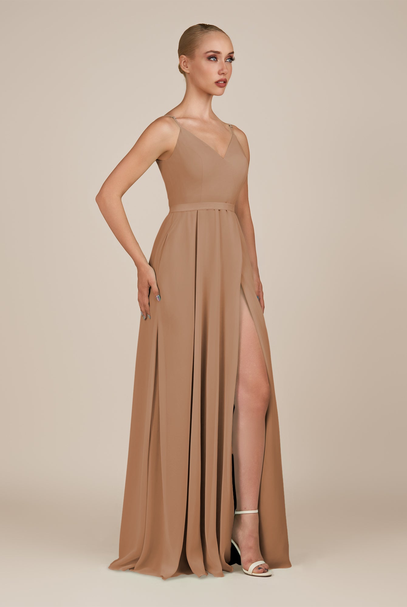 KissDress-Glenys Bronzer A Line V Neck Long Bridesmaid Dress with Slit