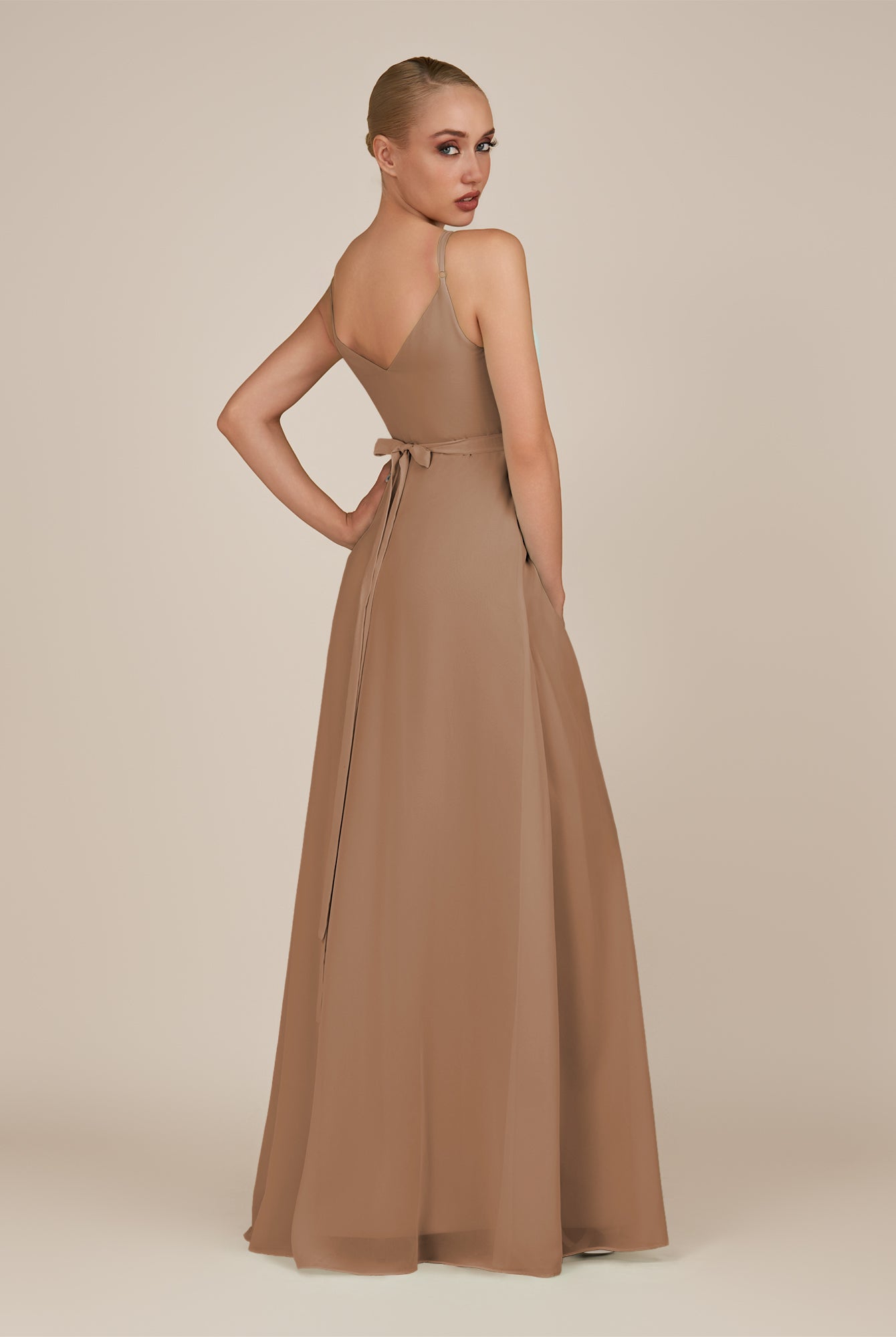 KissDress-Glenys Bronzer A Line V Neck Long Bridesmaid Dress with Slit
