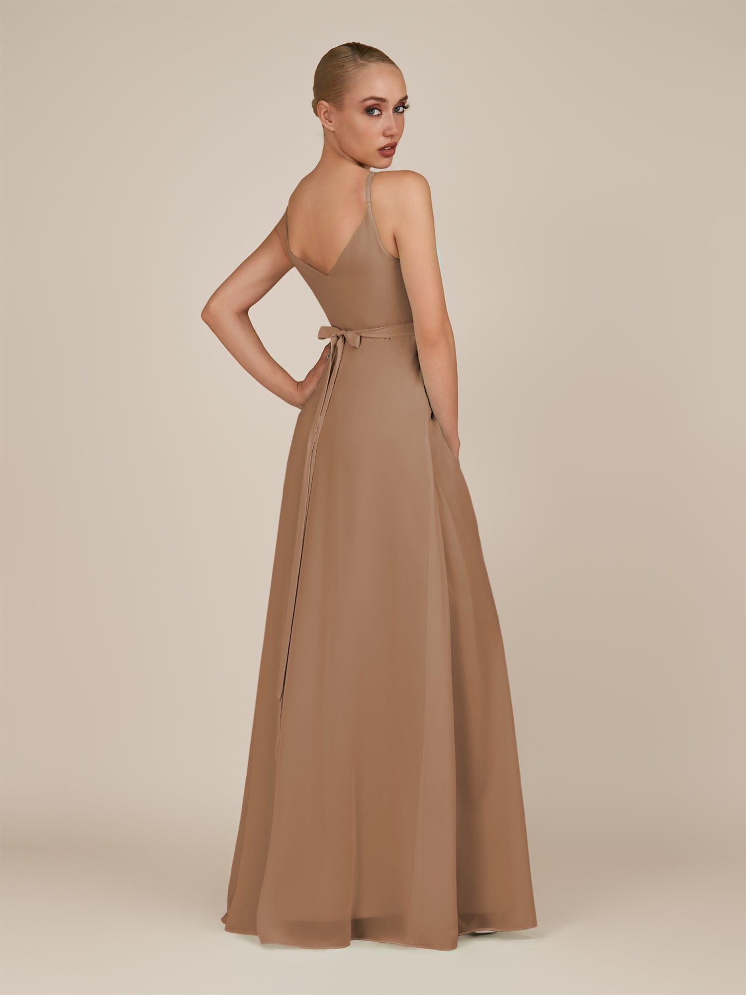 KissDress-Glenys Bronzer A Line V Neck Long Bridesmaid Dress with Slit