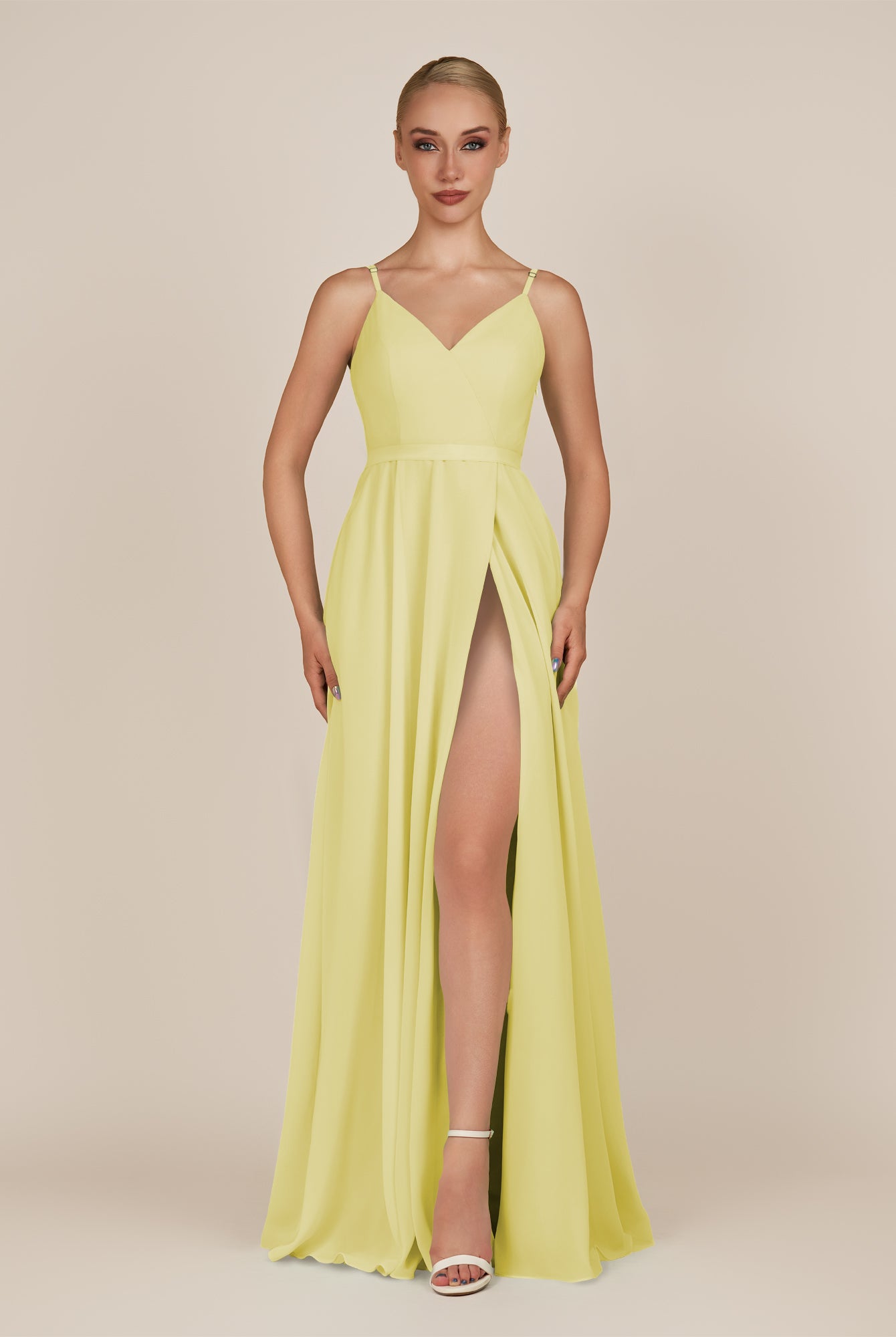KissDress-Glenys Buttercup A Line V Neck Long Bridesmaid Dress with Slit