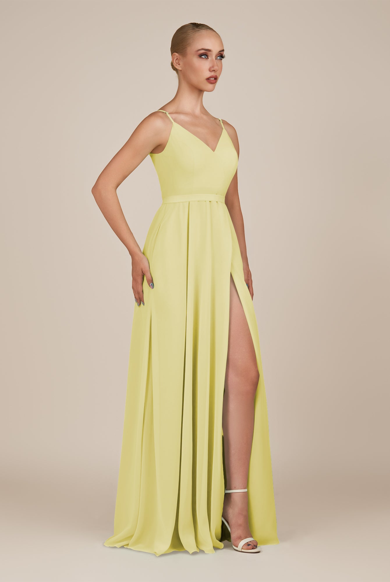 KissDress-Glenys Buttercup A Line V Neck Long Bridesmaid Dress with Slit