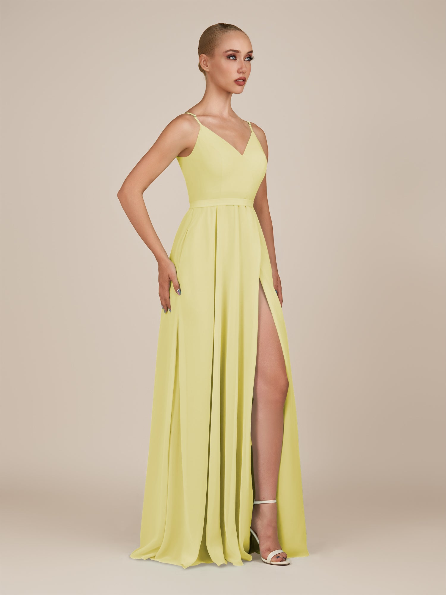 KissDress-Glenys Buttercup A Line V Neck Long Bridesmaid Dress with Slit
