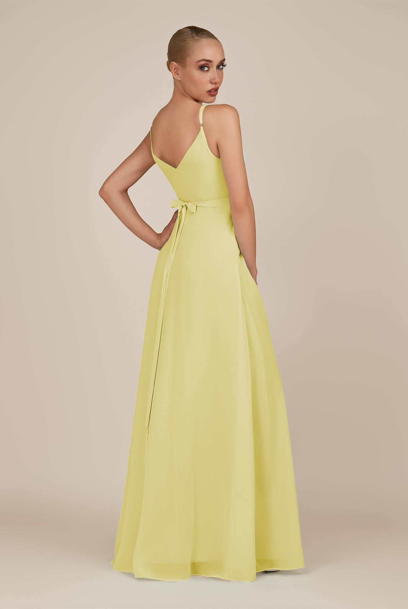 KissDress-Glenys Buttercup A Line V Neck Long Bridesmaid Dress with Slit