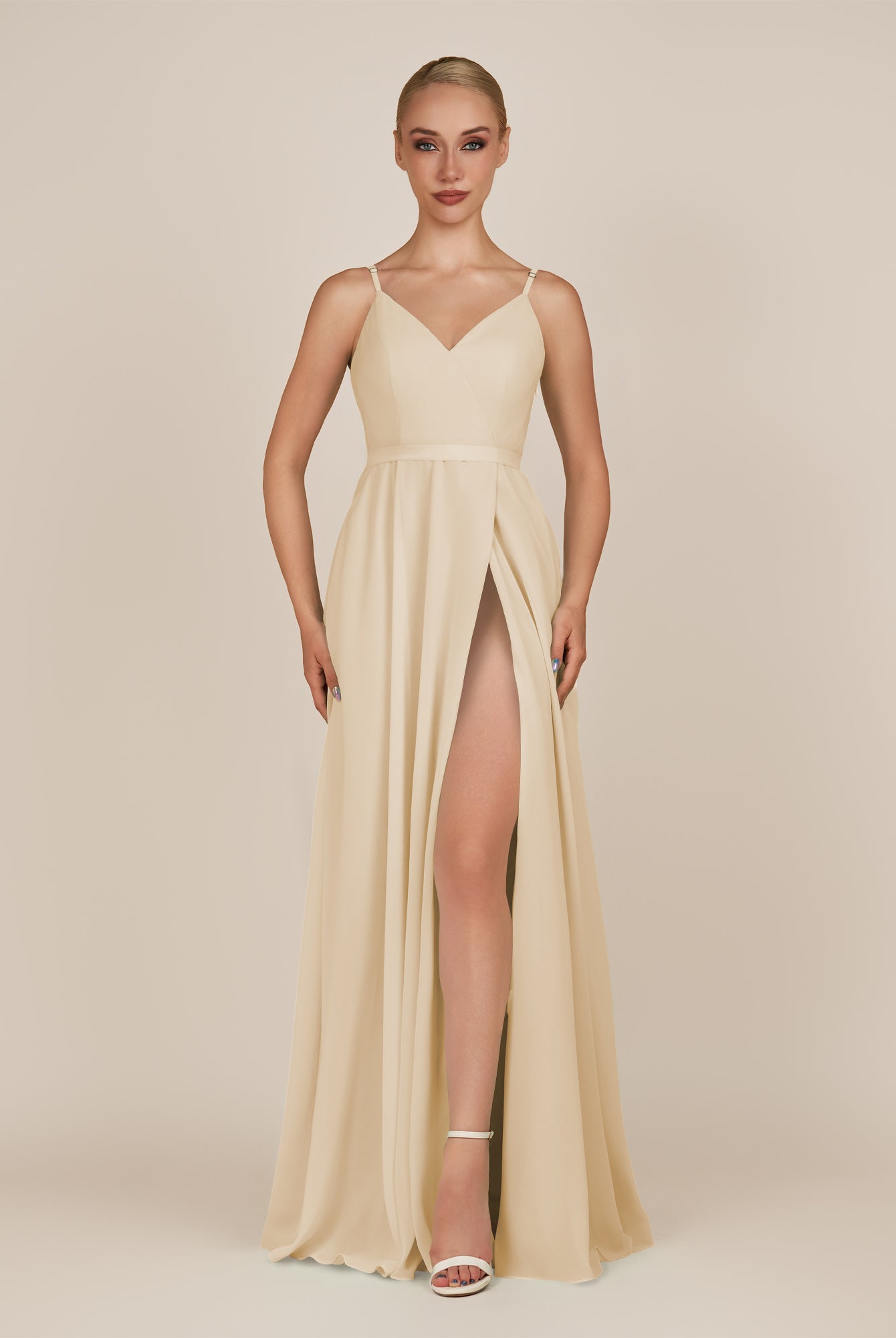 KissDress-Glenys Champagne A Line V Neck Long Bridesmaid Dress with Slit