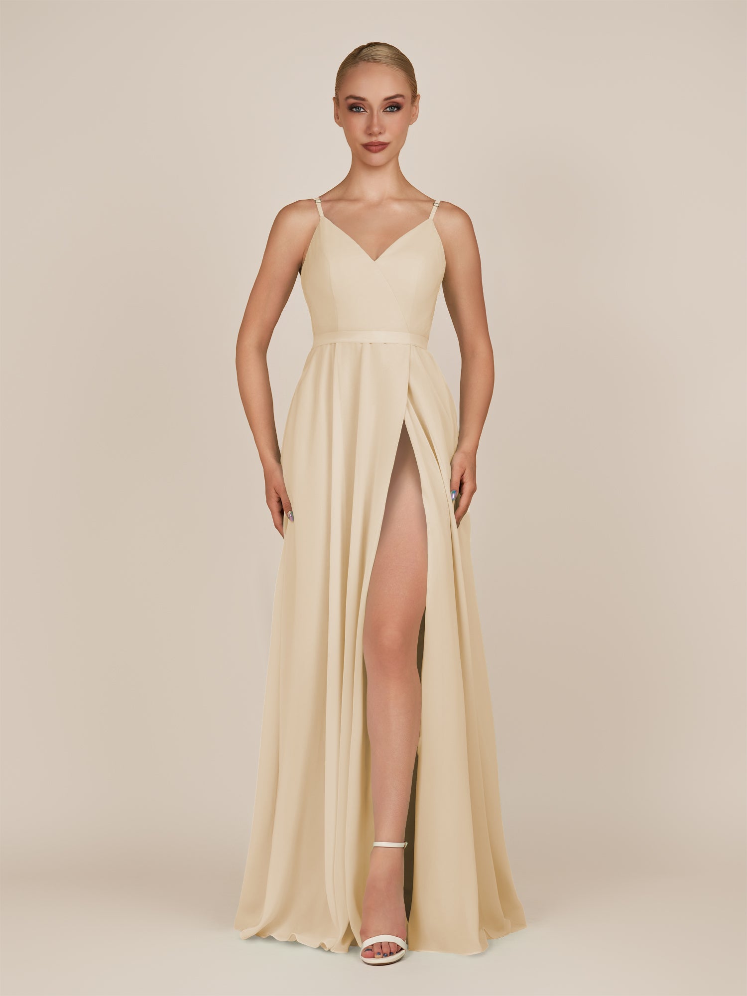 KissDress-Glenys Champagne A Line V Neck Long Bridesmaid Dress with Slit