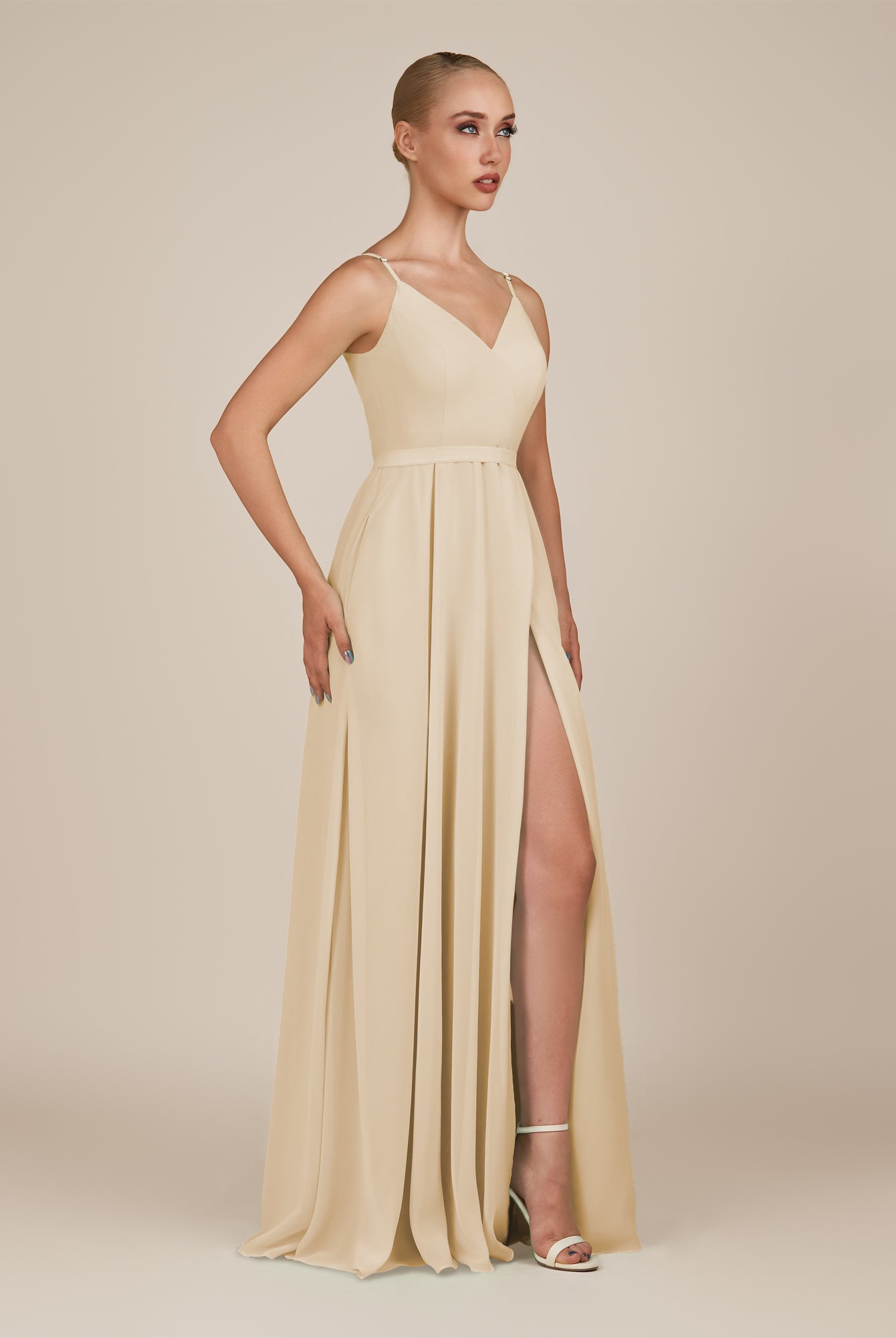 KissDress-Glenys Champagne A Line V Neck Long Bridesmaid Dress with Slit