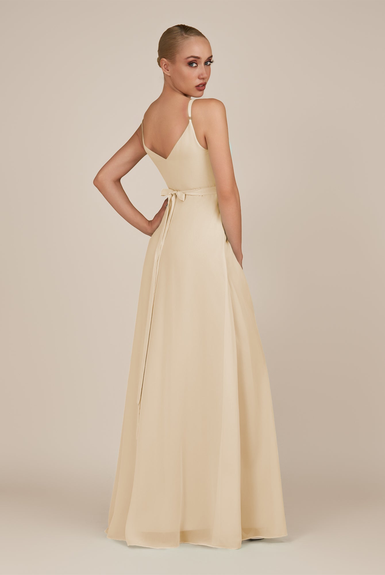 KissDress-Glenys Champagne A Line V Neck Long Bridesmaid Dress with Slit