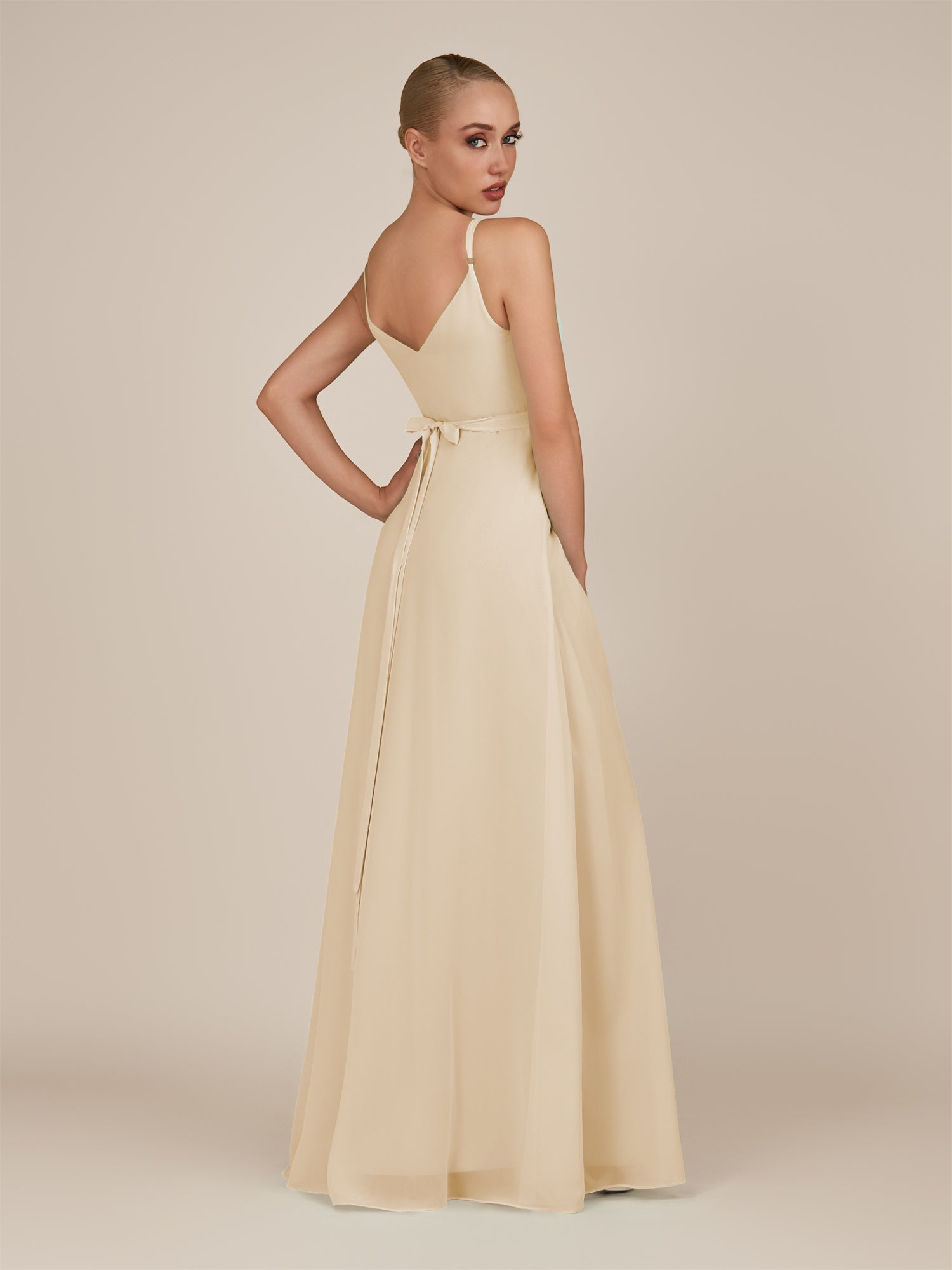 KissDress-Glenys Champagne A Line V Neck Long Bridesmaid Dress with Slit