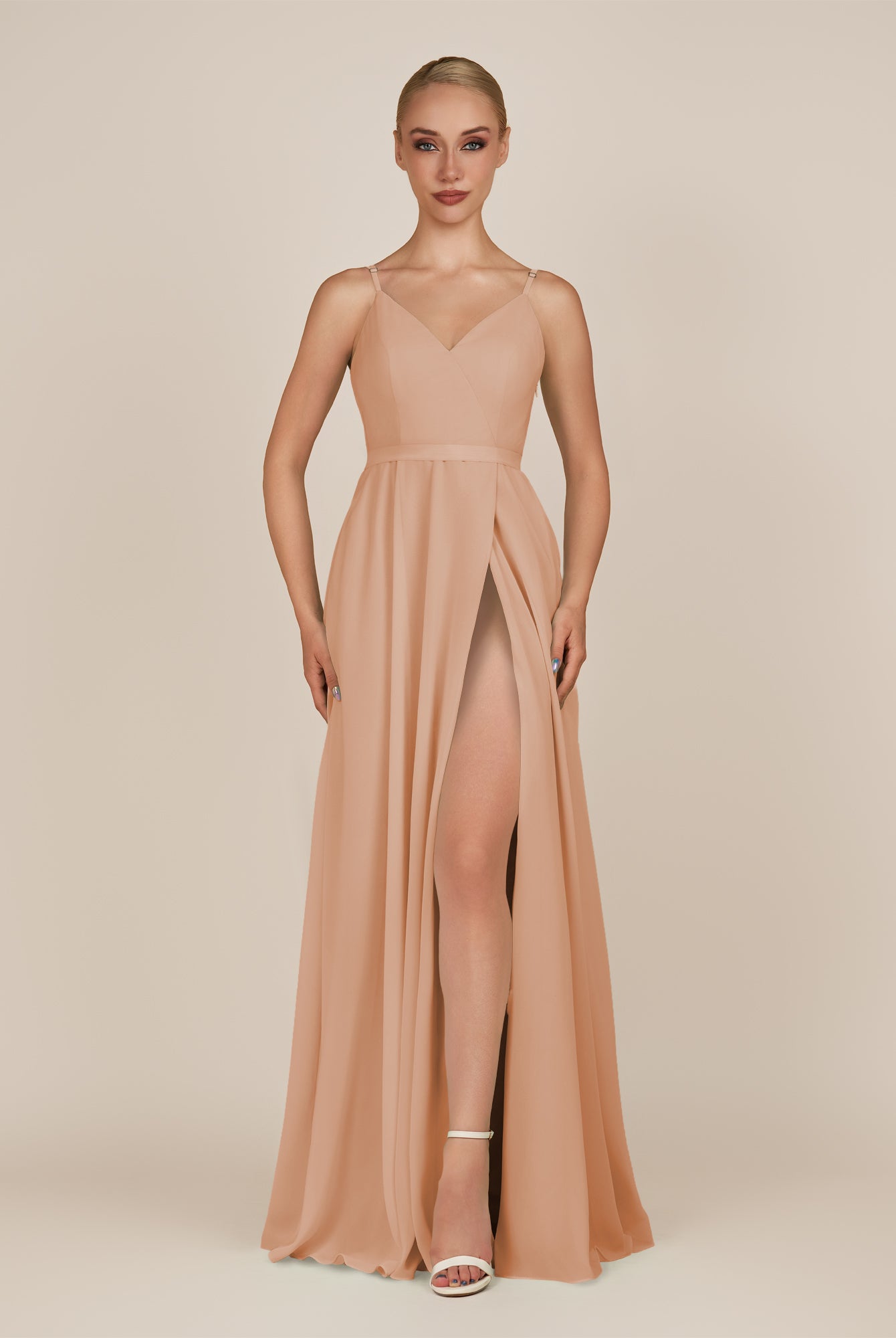 KissDress-Glenys Champagne Rose A Line V Neck Long Bridesmaid Dress with Slit
