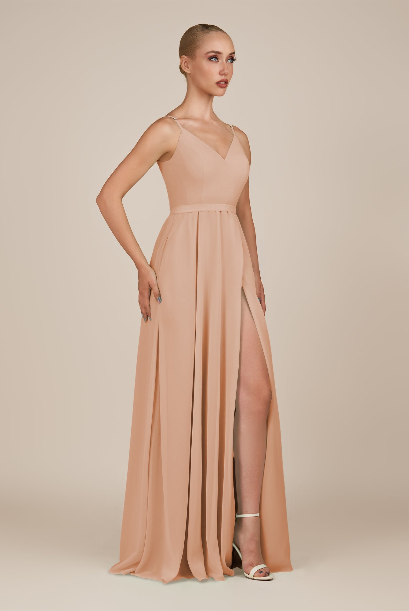 KissDress-Glenys Champagne Rose A Line V Neck Long Bridesmaid Dress with Slit