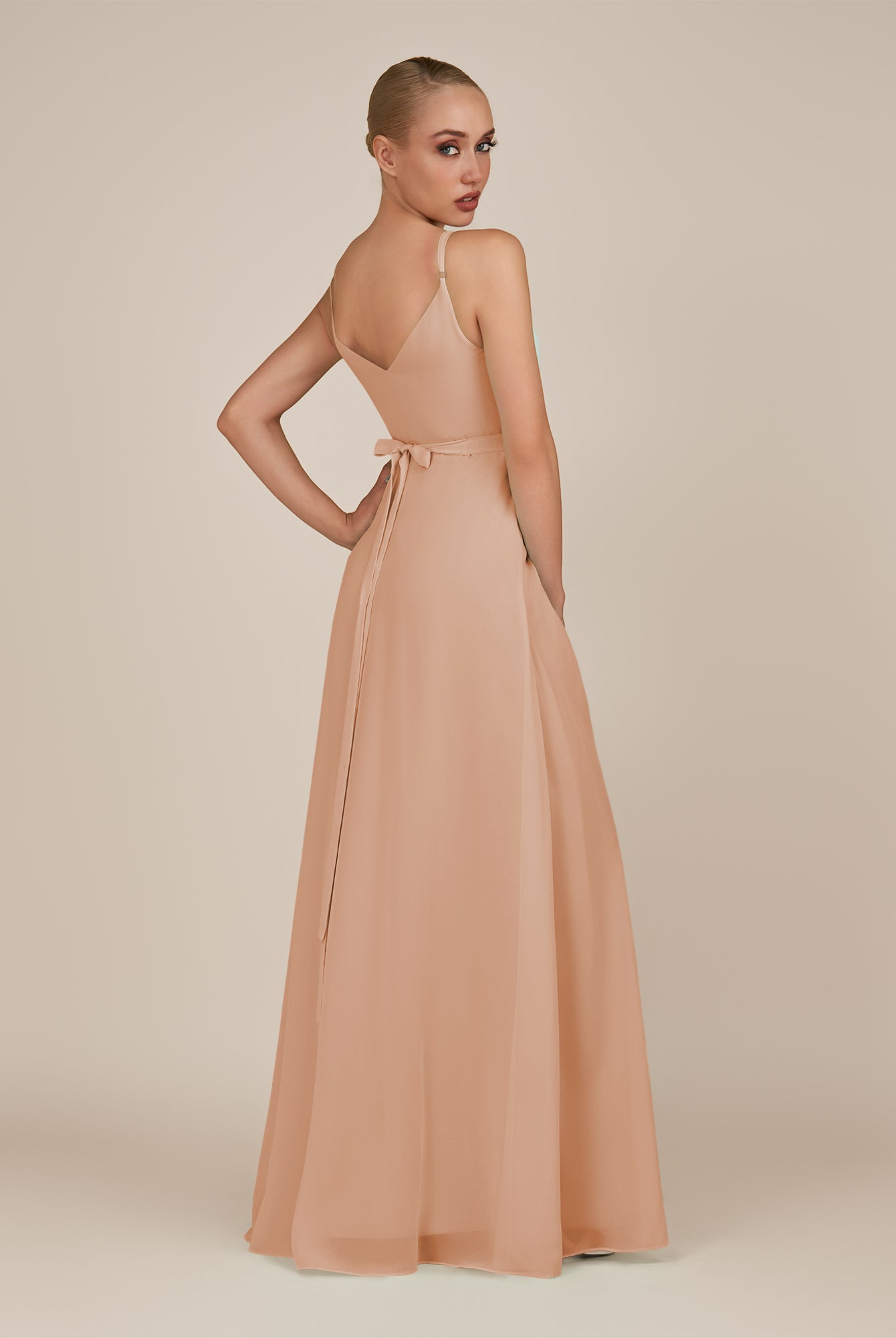 KissDress-Glenys Champagne Rose A Line V Neck Long Bridesmaid Dress with Slit