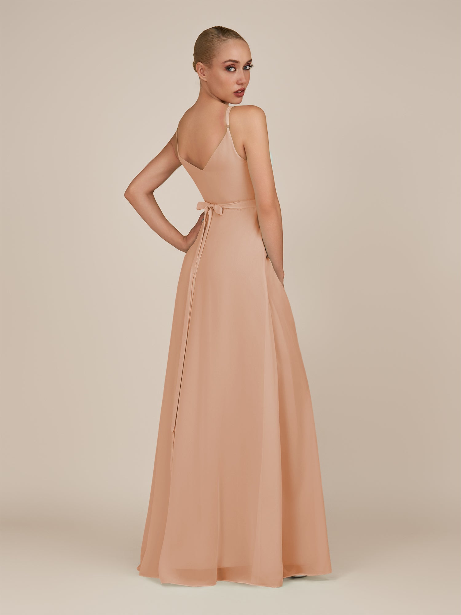 KissDress-Glenys Champagne Rose A Line V Neck Long Bridesmaid Dress with Slit