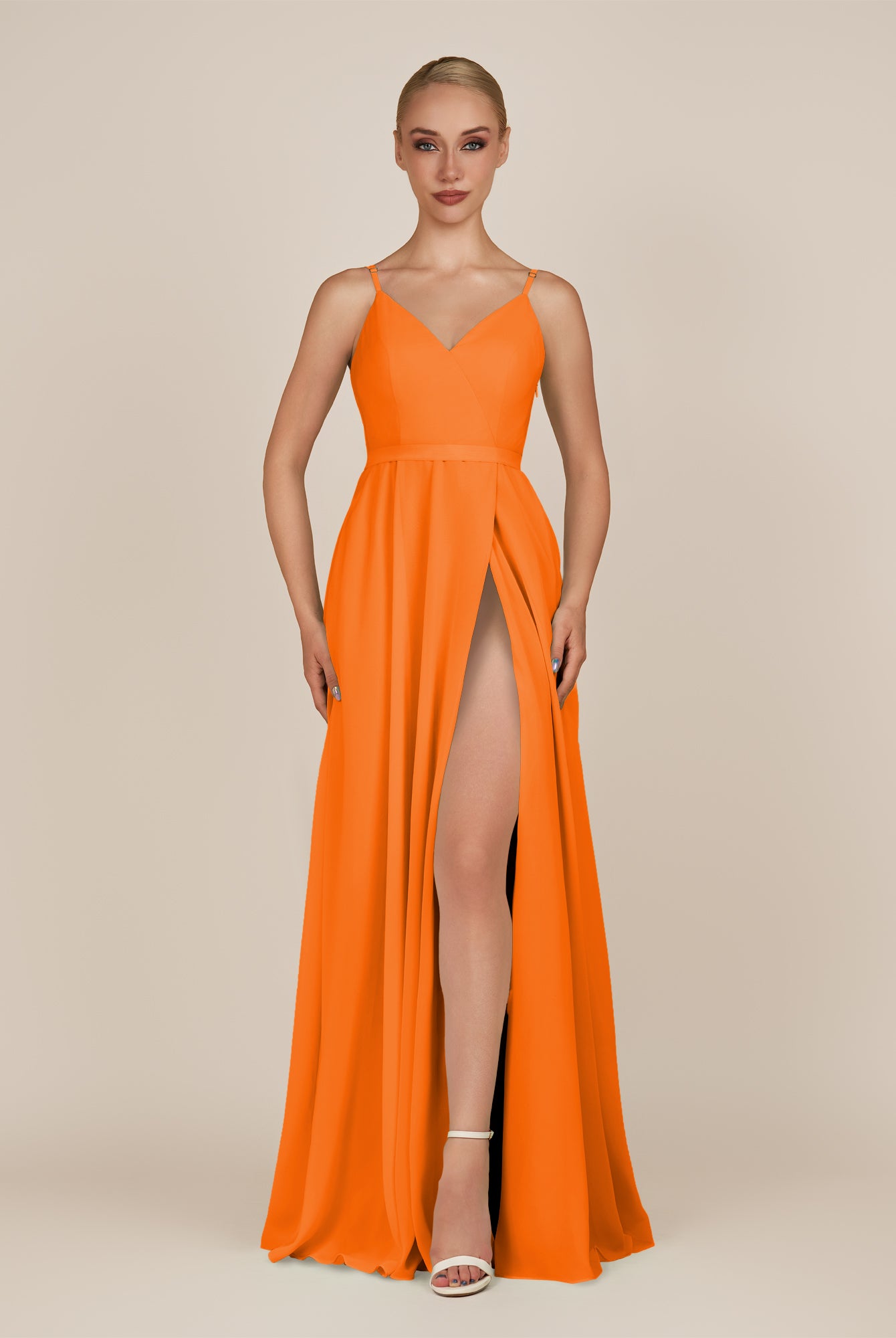 KissDress-Glenys Cinnamon A Line V Neck Long Bridesmaid Dress with Slit