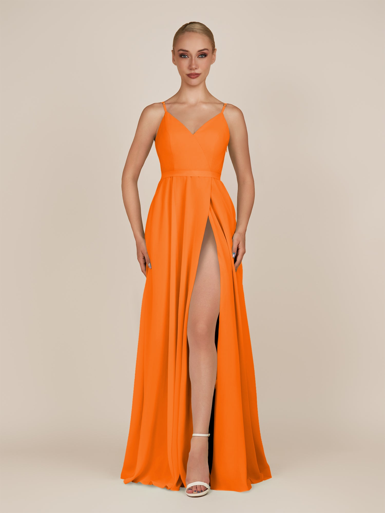 KissDress-Glenys Cinnamon A Line V Neck Long Bridesmaid Dress with Slit