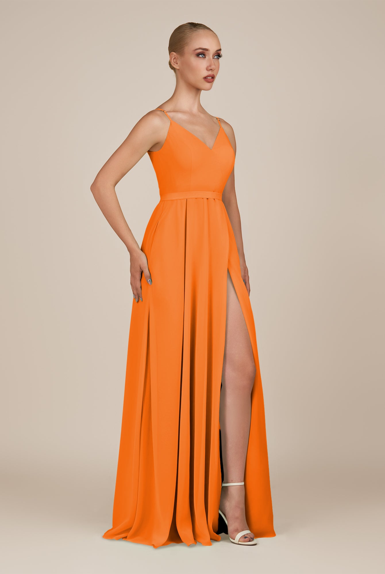 KissDress-Glenys Cinnamon A Line V Neck Long Bridesmaid Dress with Slit