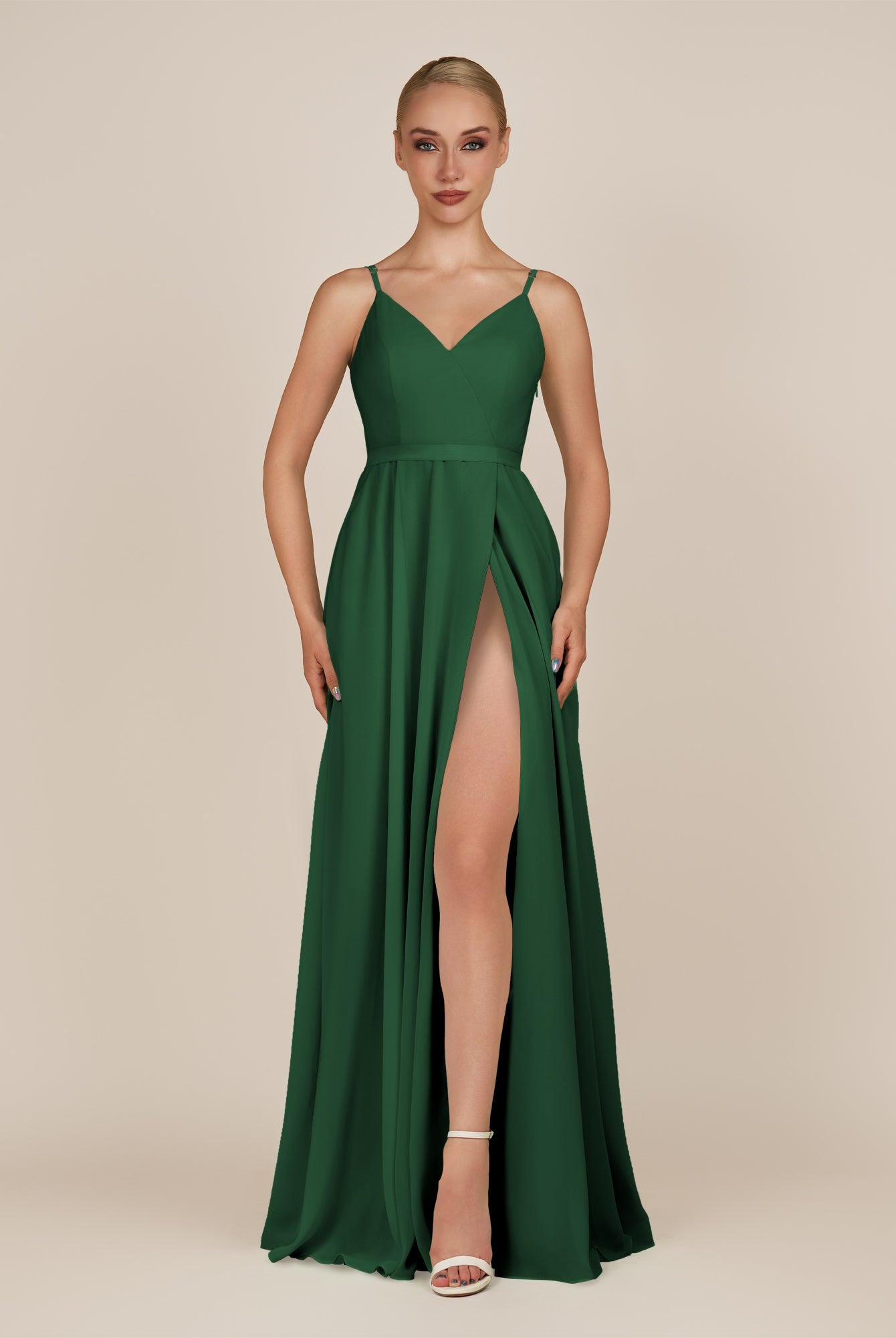 KissDress-Glenys Dark Green A Line V Neck Long Bridesmaid Dress with Slit