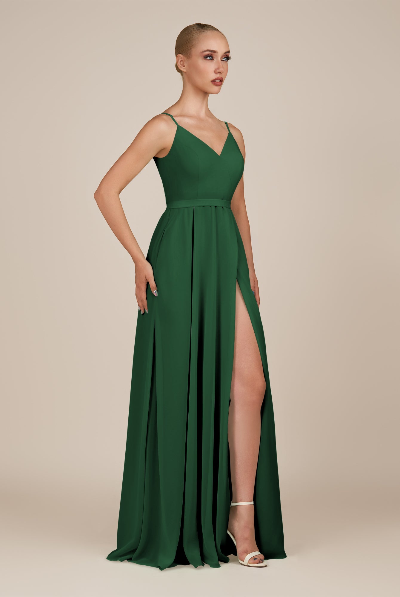KissDress-Glenys Dark Green A Line V Neck Long Bridesmaid Dress with Slit