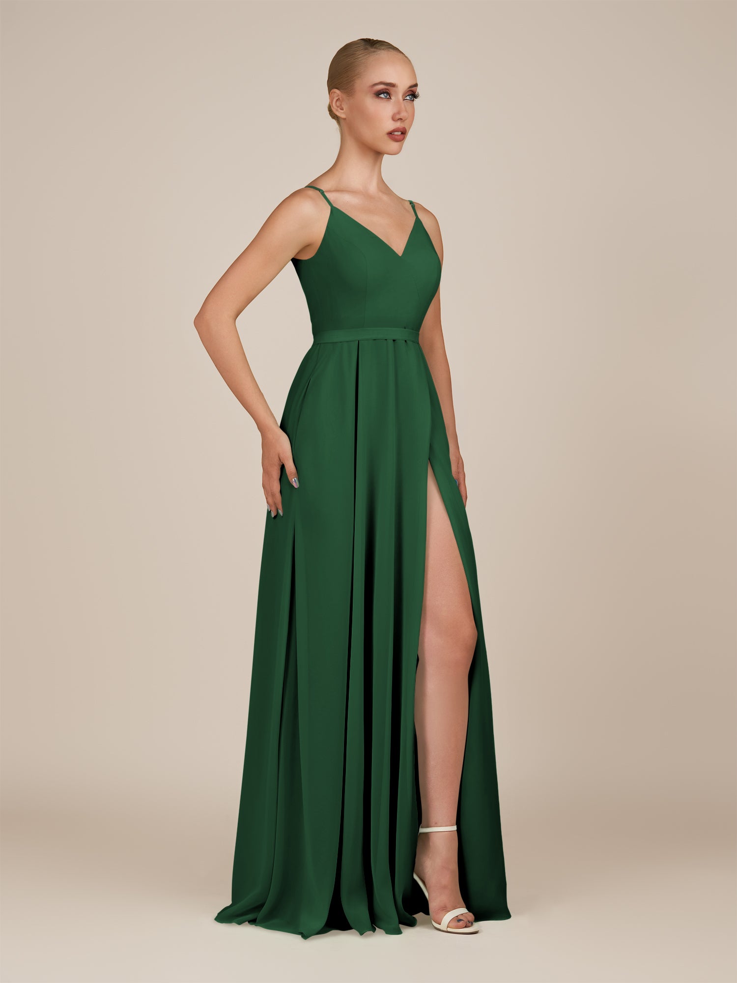 KissDress-Glenys Dark Green A Line V Neck Long Bridesmaid Dress with Slit