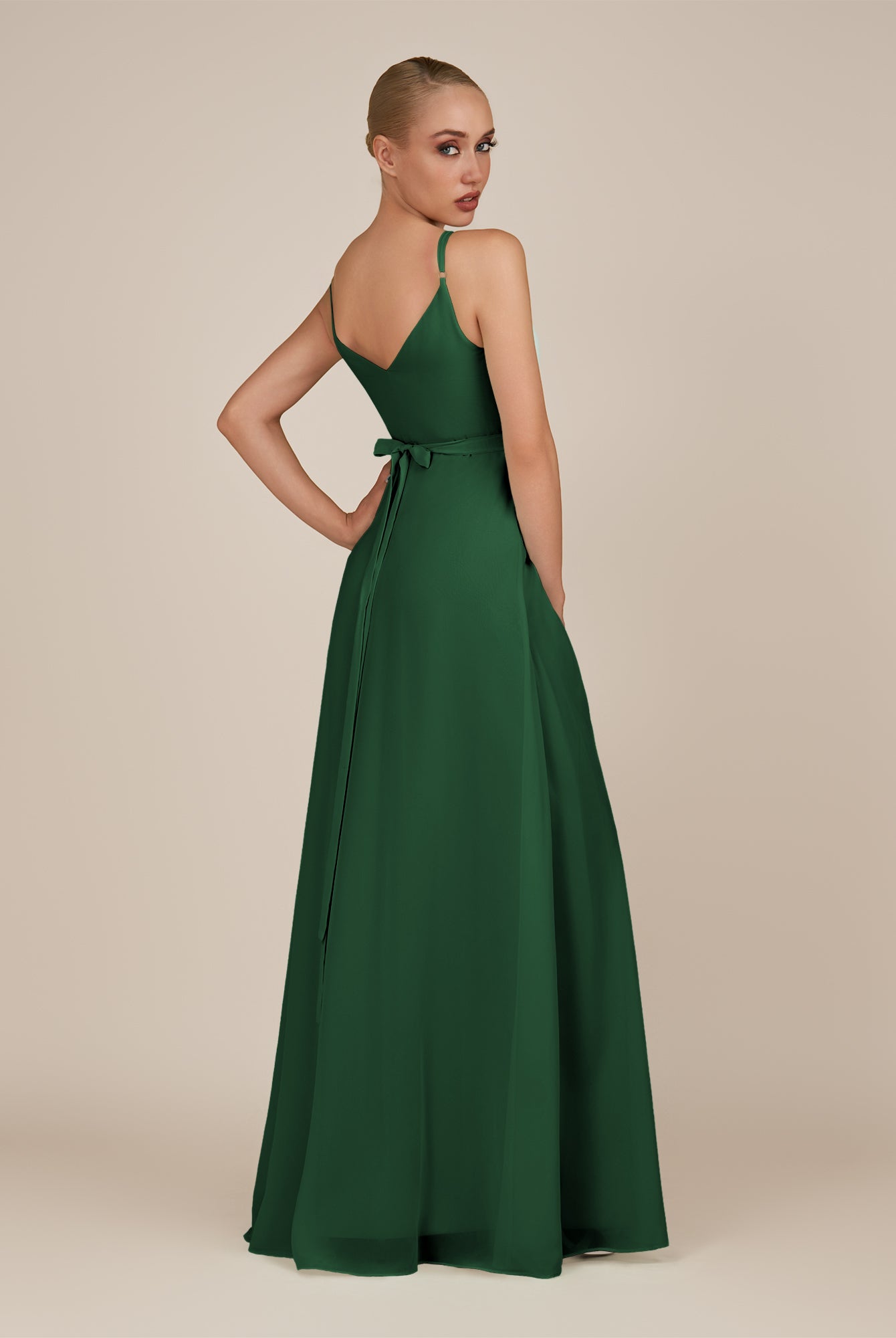 KissDress-Glenys Dark Green A Line V Neck Long Bridesmaid Dress with Slit