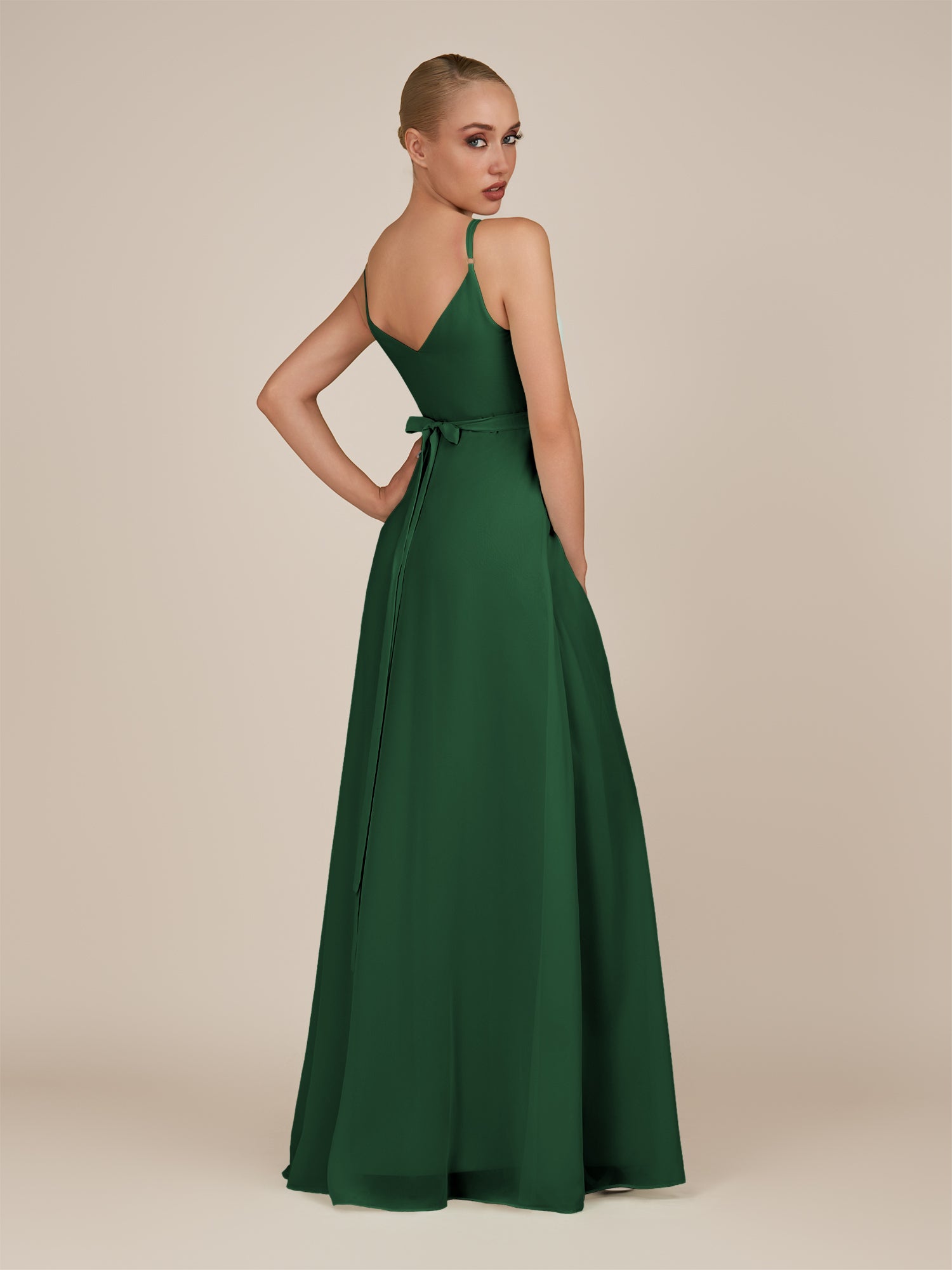 KissDress-Glenys Dark Green A Line V Neck Long Bridesmaid Dress with Slit