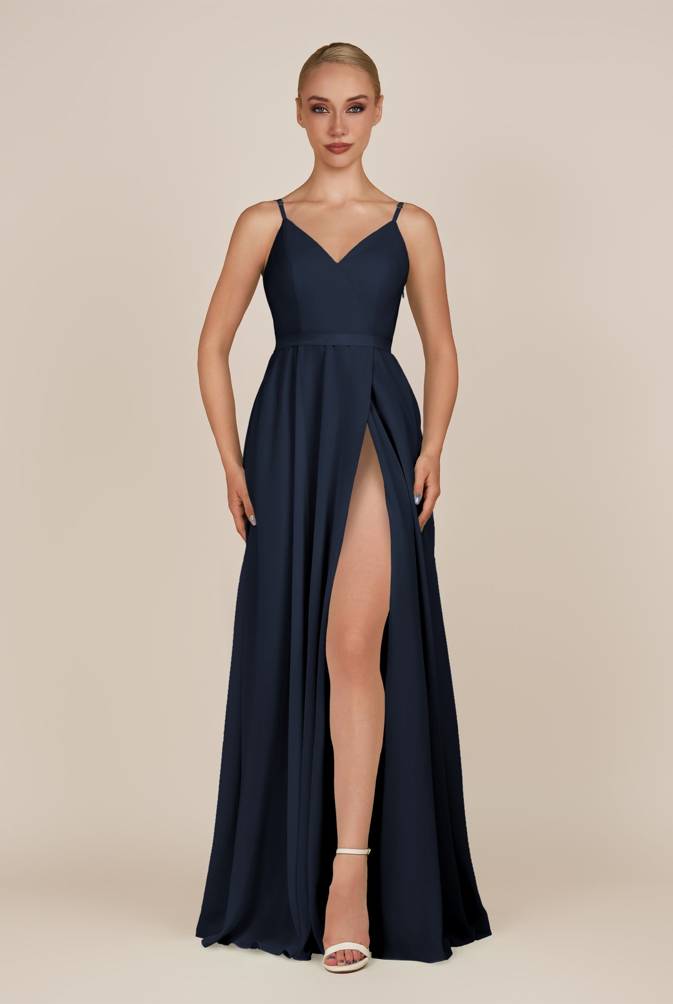 KissDress-Glenys Dark Navy A Line V Neck Long Bridesmaid Dress with Slit
