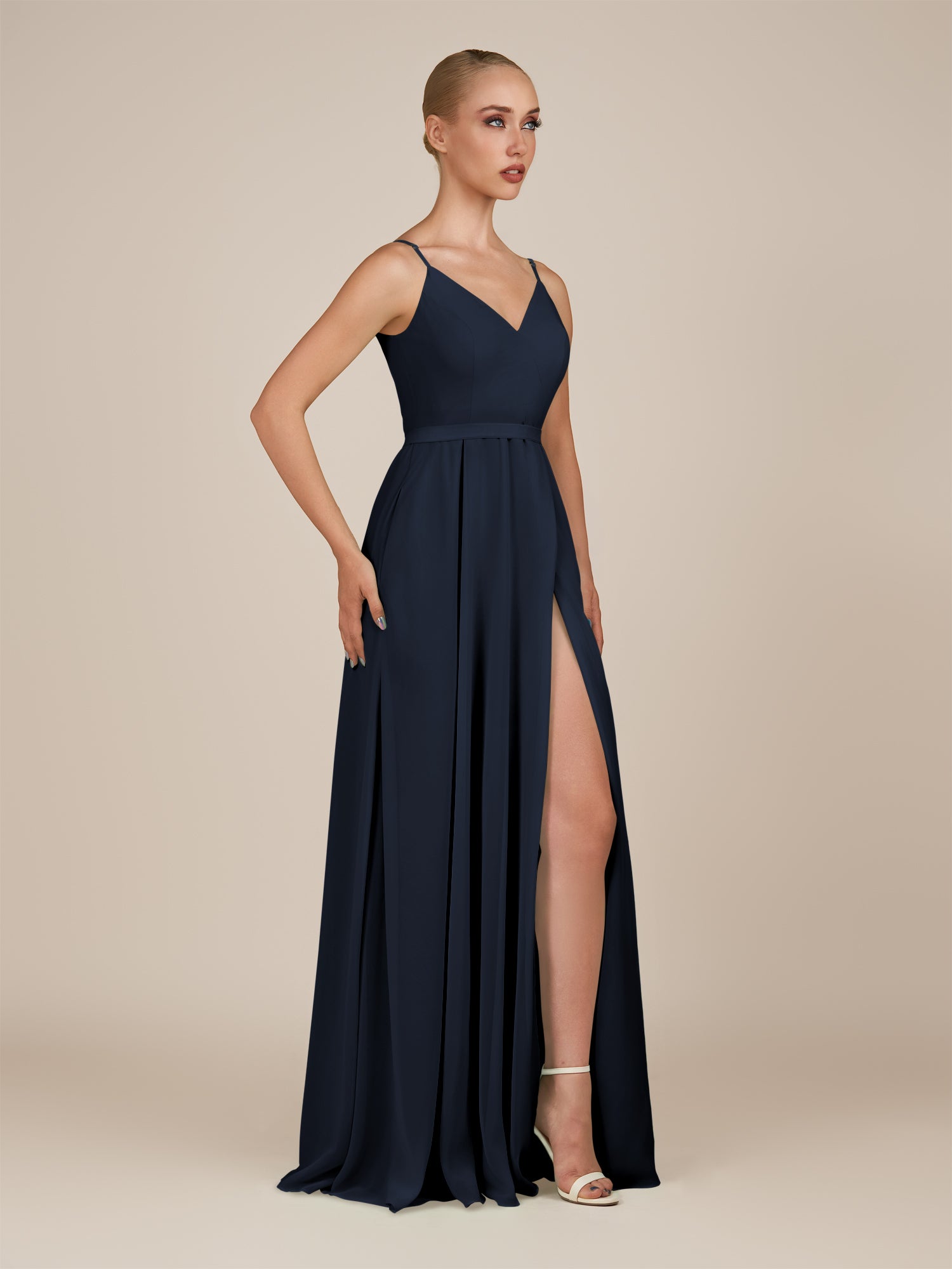 KissDress-Glenys Dark Navy A Line V Neck Long Bridesmaid Dress with Slit