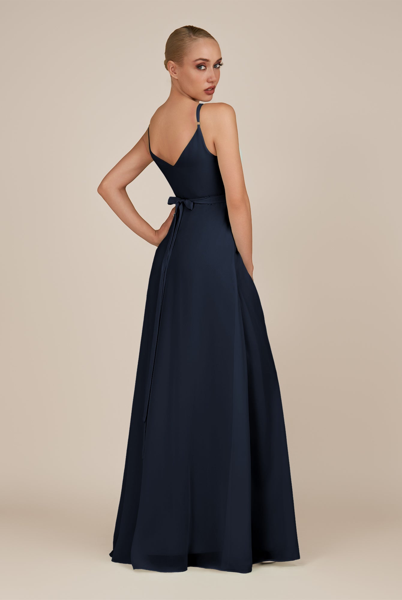 KissDress-Glenys Dark Navy A Line V Neck Long Bridesmaid Dress with Slit