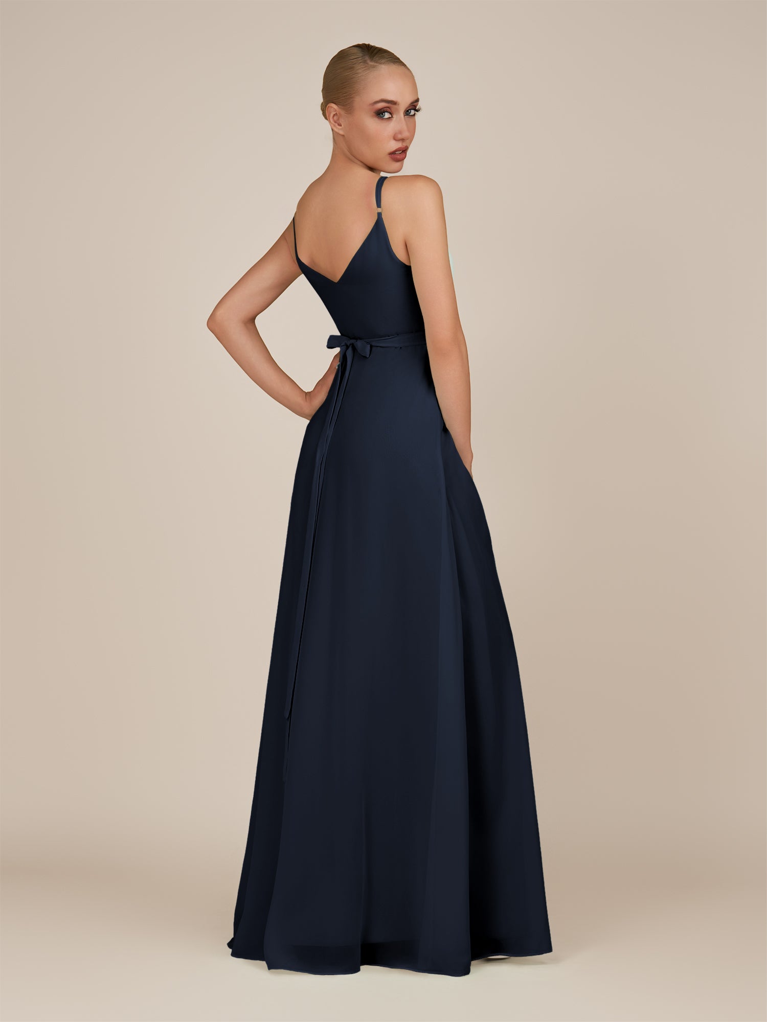KissDress-Glenys Dark Navy A Line V Neck Long Bridesmaid Dress with Slit
