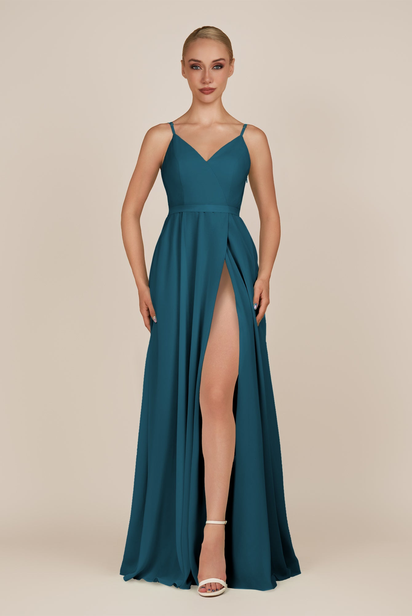 KissDress-Glenys Dark Teal A Line V Neck Long Bridesmaid Dress with Slit