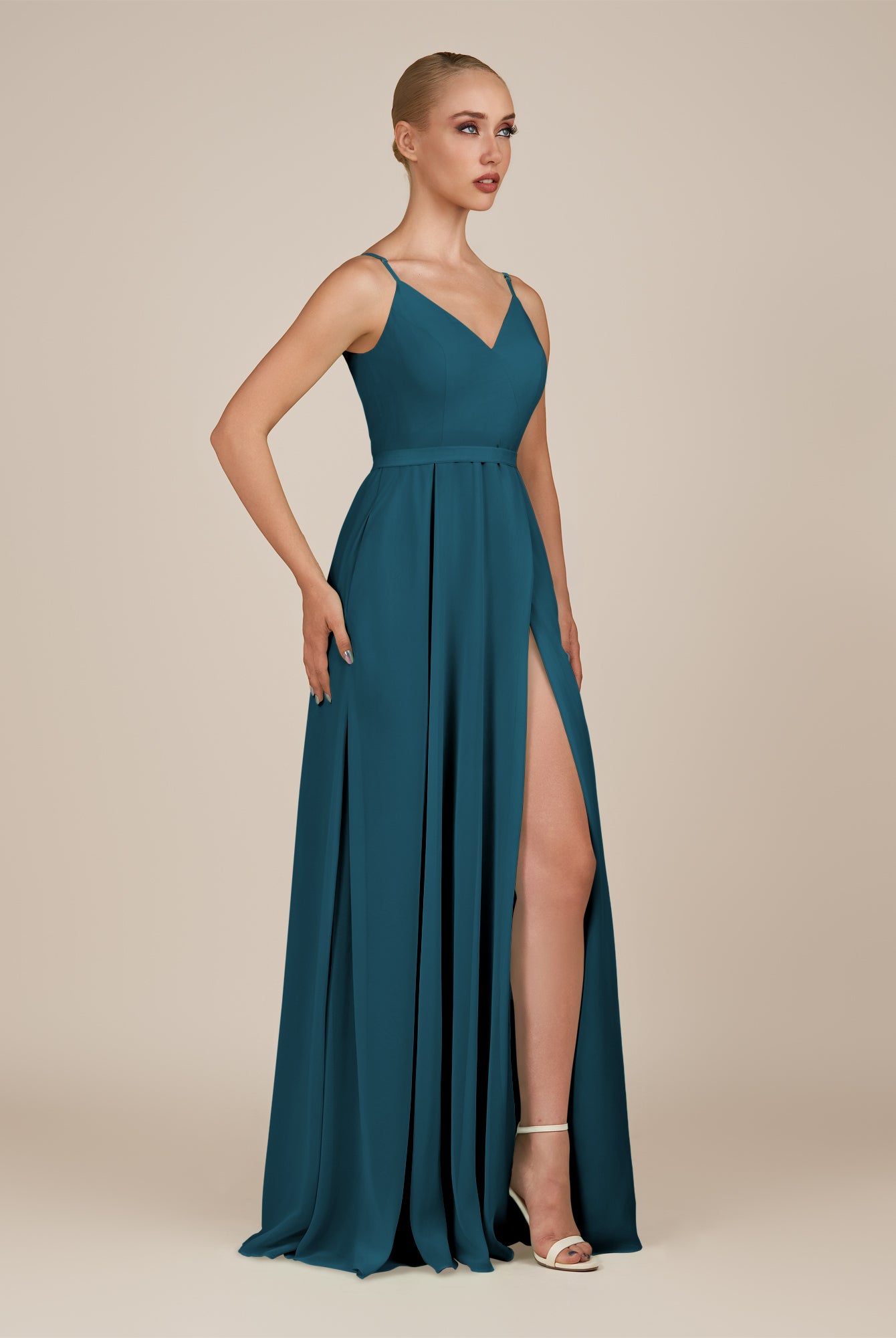 KissDress-Glenys Dark Teal A Line V Neck Long Bridesmaid Dress with Slit