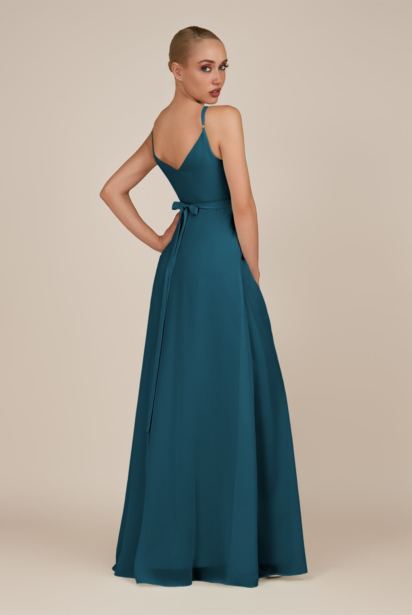 KissDress-Glenys Dark Teal A Line V Neck Long Bridesmaid Dress with Slit